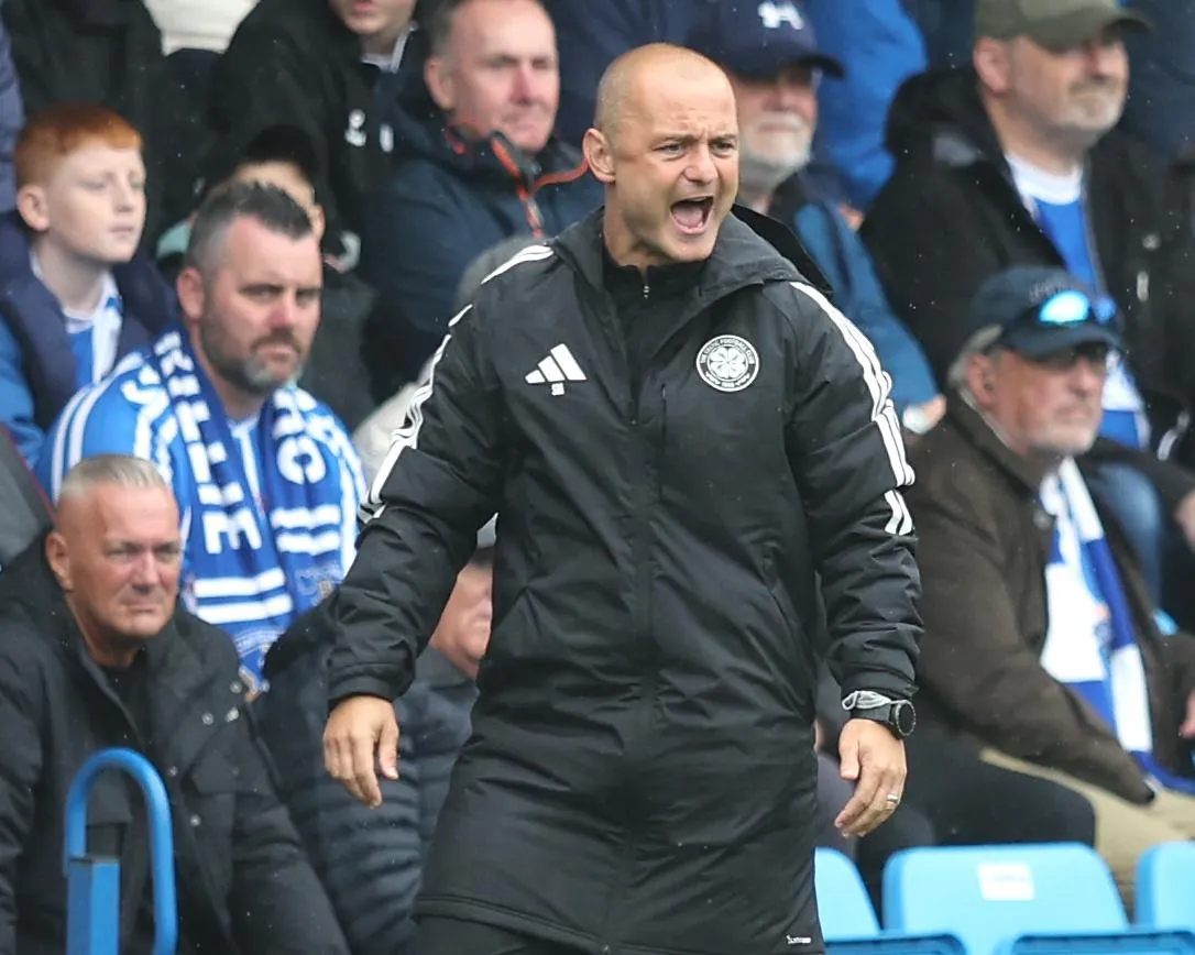 The Celtic assistant manager Shaun Maloney shouts an instruction at his players during his team’s 5-1 win at Kilmarnock in the Scottish Premiership.