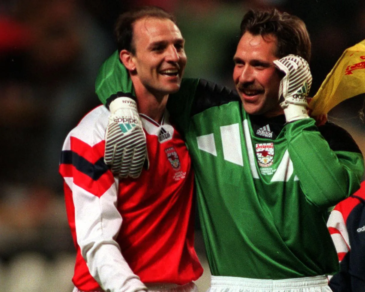 Arsenal’s goalkeeper David Seaman celebrates with teammate Steve Bould after their 1994 Cup Winners’ Cup final victory over Parma.
