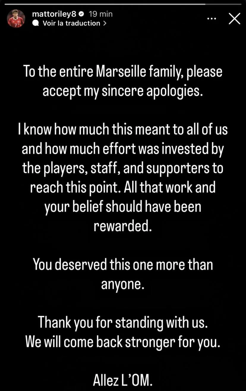 Matthew O'Riley s'est excusé après la défaite de l'OM en finale du Trophée des champions. (Capture d'écran story Instagram)