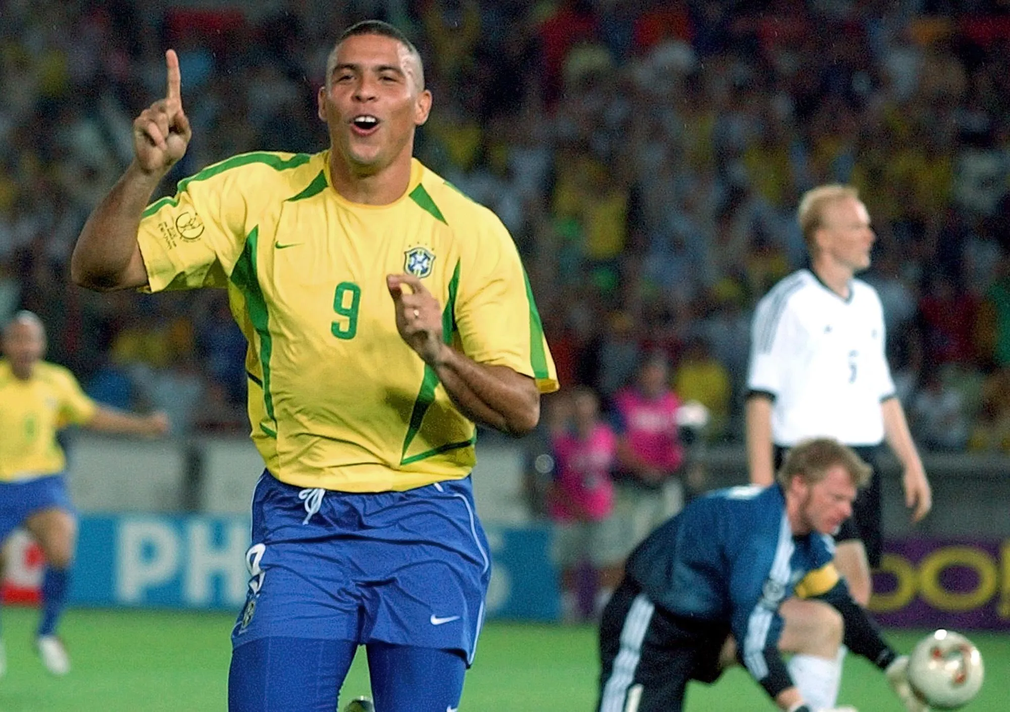 Ronaldo celebrates after one of his goals in the World Cup final in 2002.