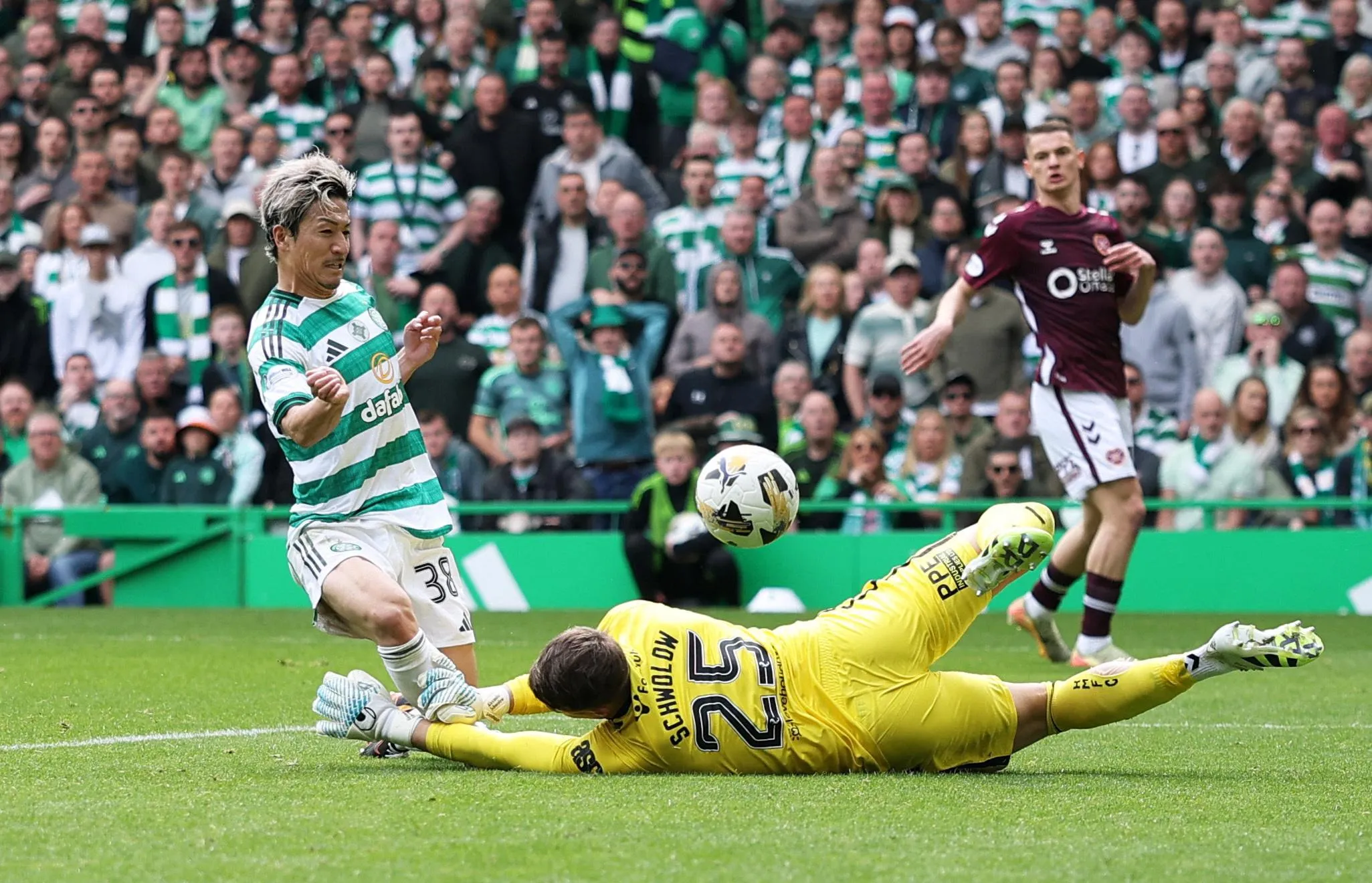 Celtic’s Daizen Maeda scores their second goal.