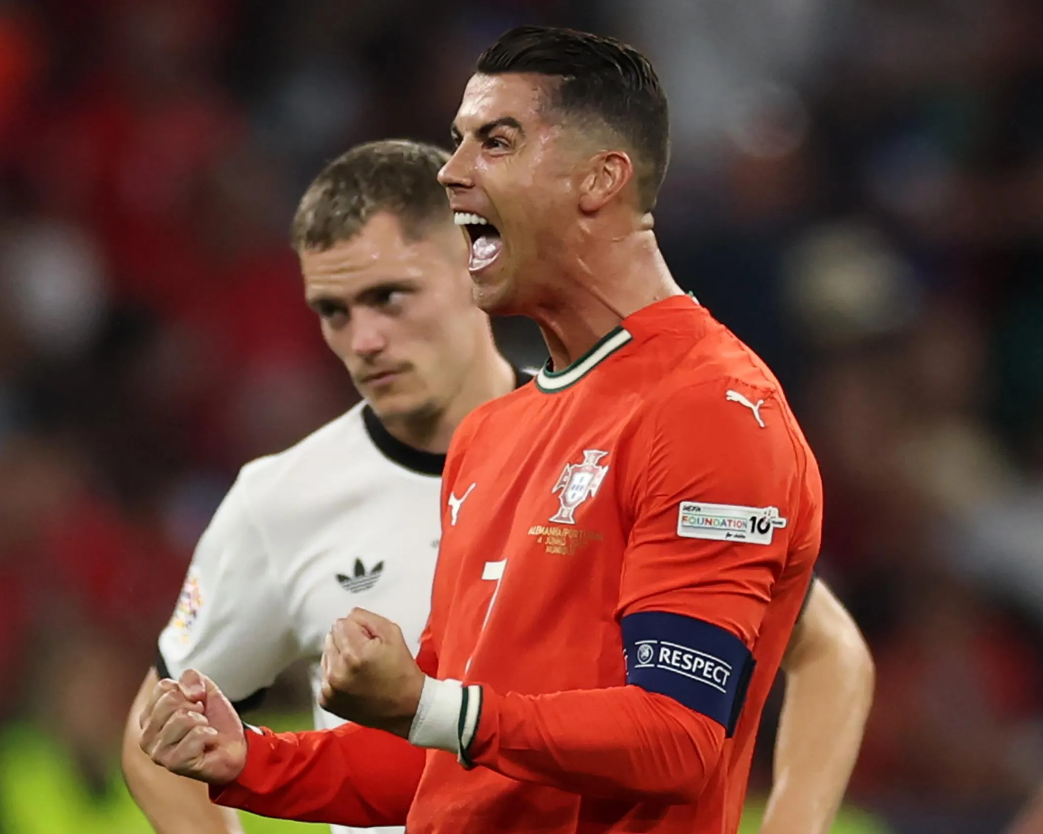 Portugal’s Cristiano Ronaldo celebrates scoring their second goal against Germany.