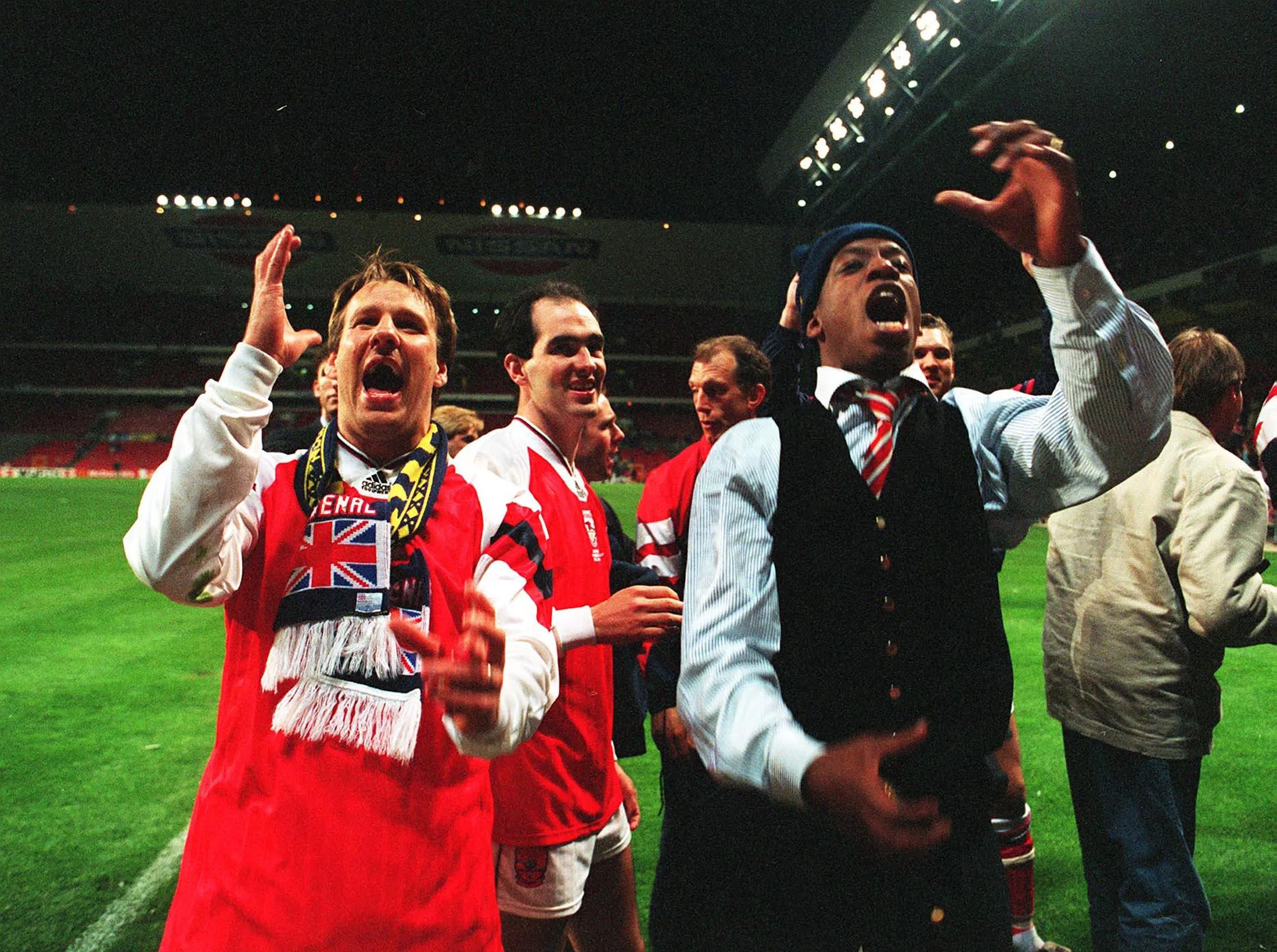 Paul Merson and Ian Wright celebrate Arsenal’s 1994 Cup Winners’ Cup final victory over Parma.