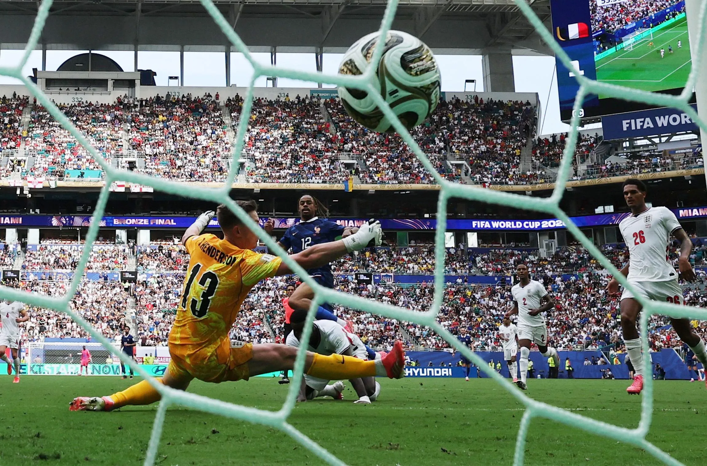 France's Bradley Barcola scores their second goal.