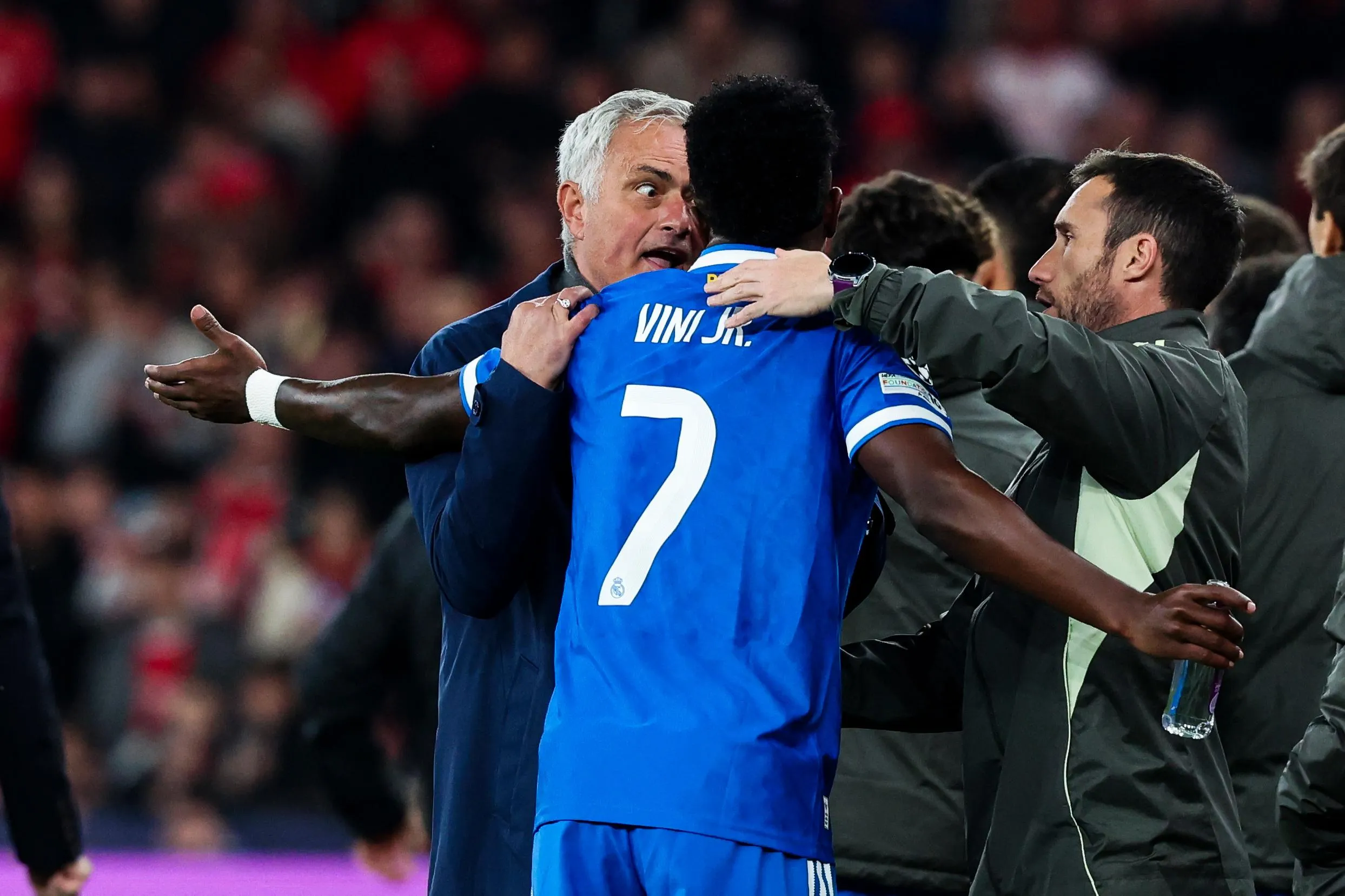 José Mourinho goes head to head with Vinícius Júnior during the Champions League tie between Benfica and Real Madrid in Lisbon in February