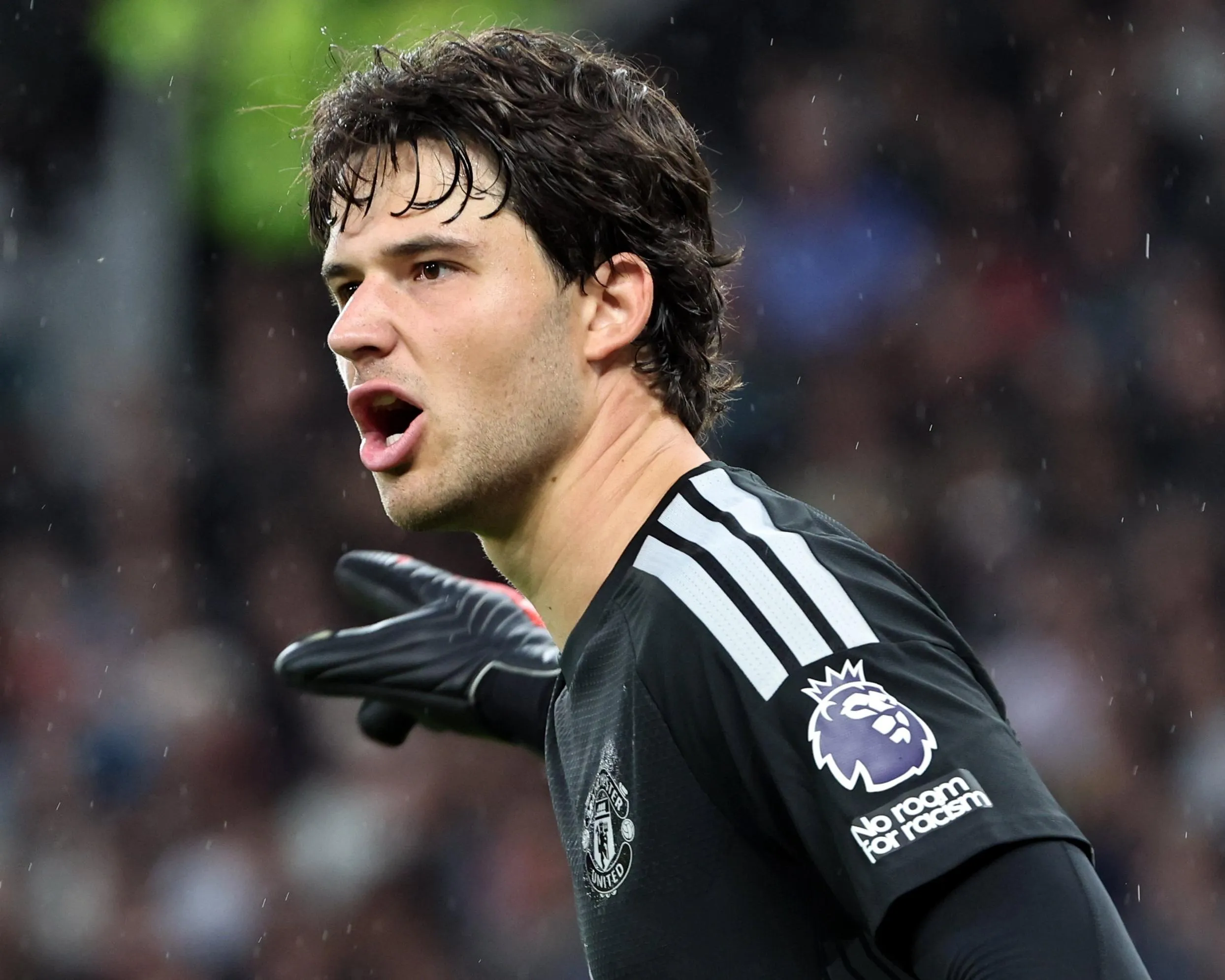 Senne Lammens points during the Premier League match between Manchester United and Ipswich