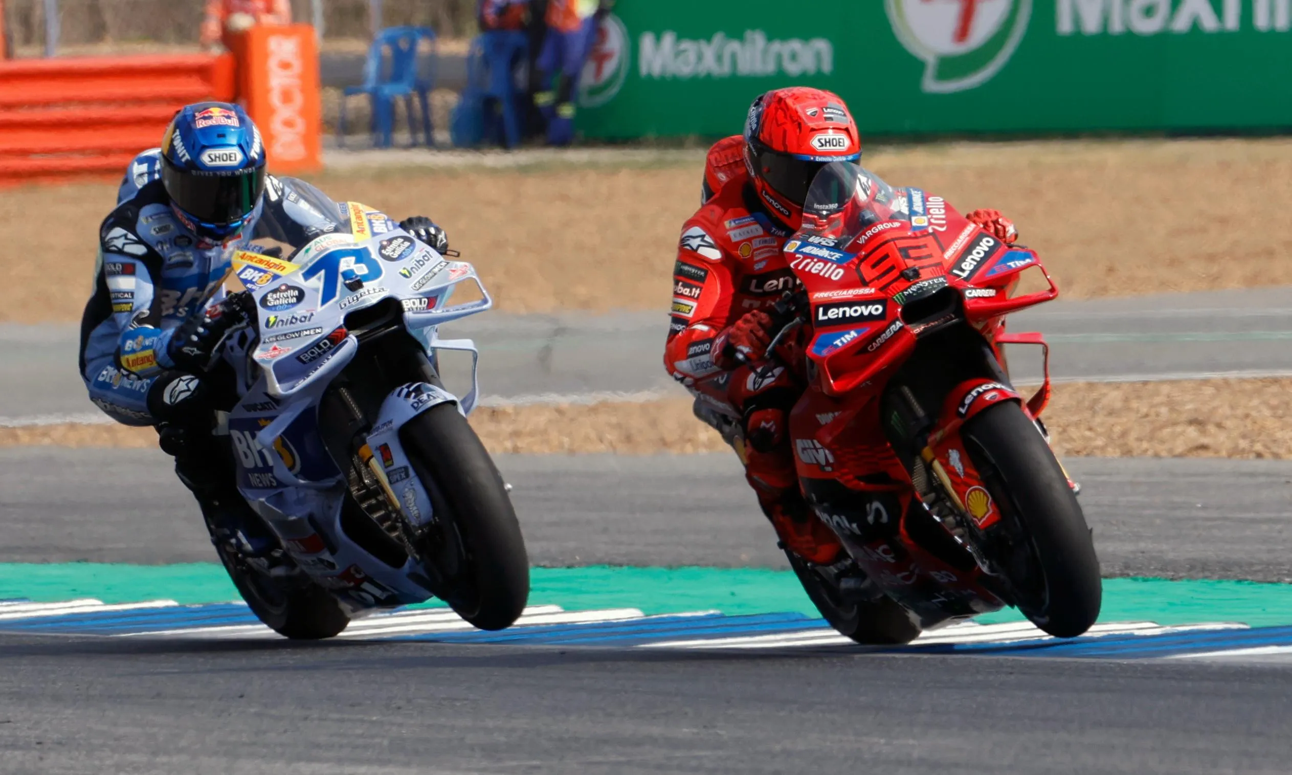Marc Márquez of Ducati Lenovo ahead of his brother, Alex Márquez of Gresini Racing during the Thailand Grand Prix.