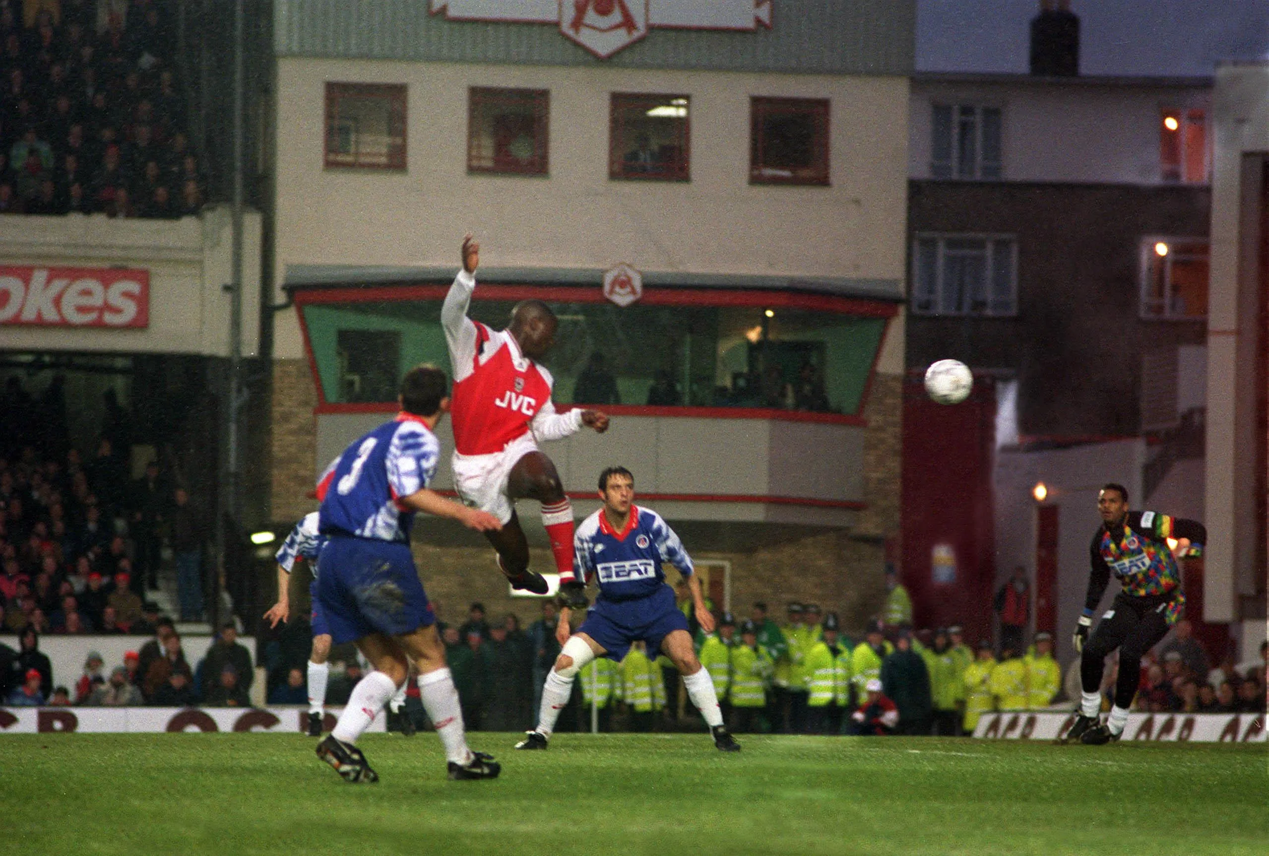 Arsenal’s Kevin Campbell heads home the only goal of the game in the second leg of the 1994 Cup Winners’ Cup semi-final.