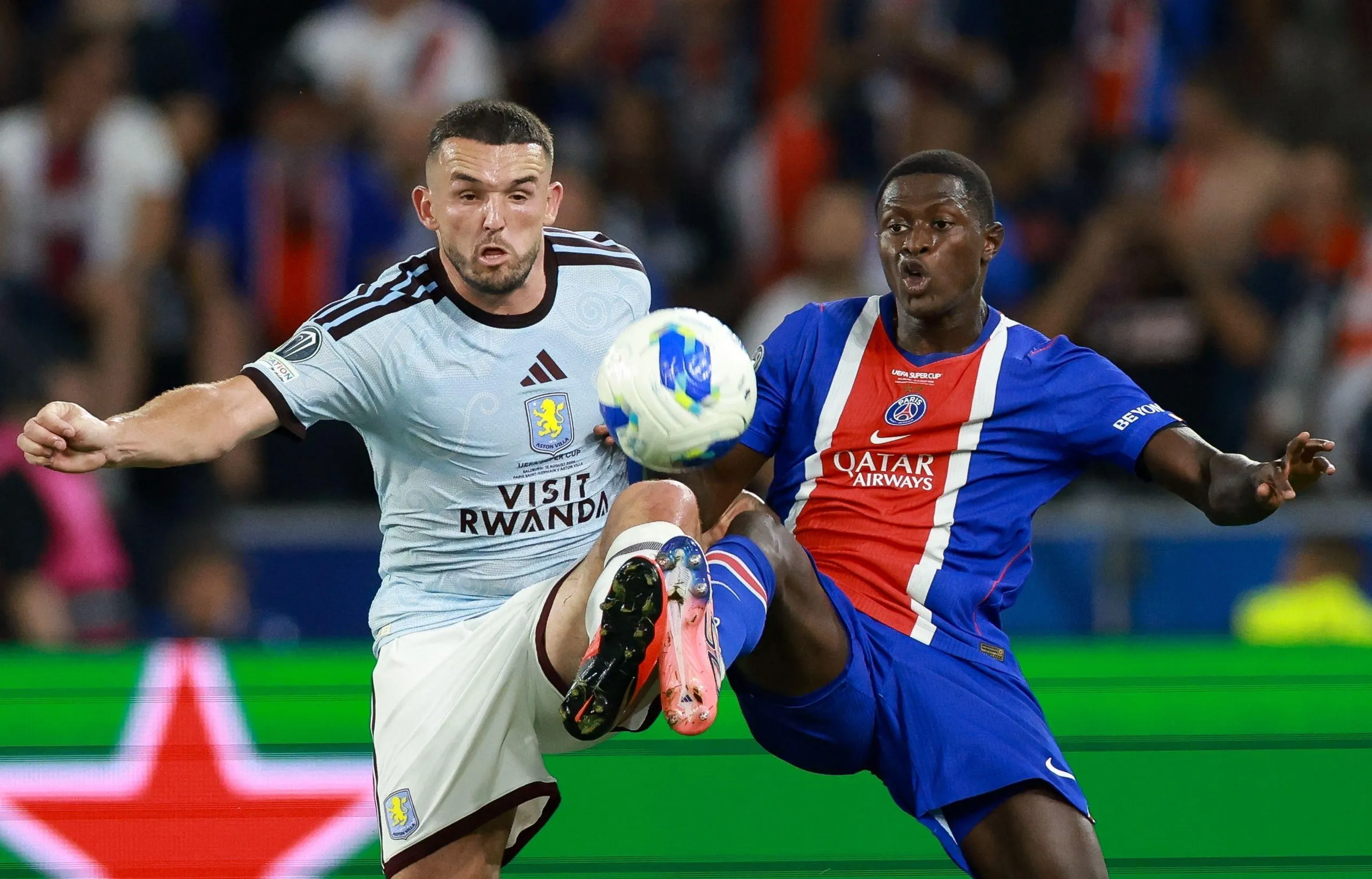 John McGinn in action for Aston Villa against Paris Saint-Germain in the Uefa Super Cup Final.