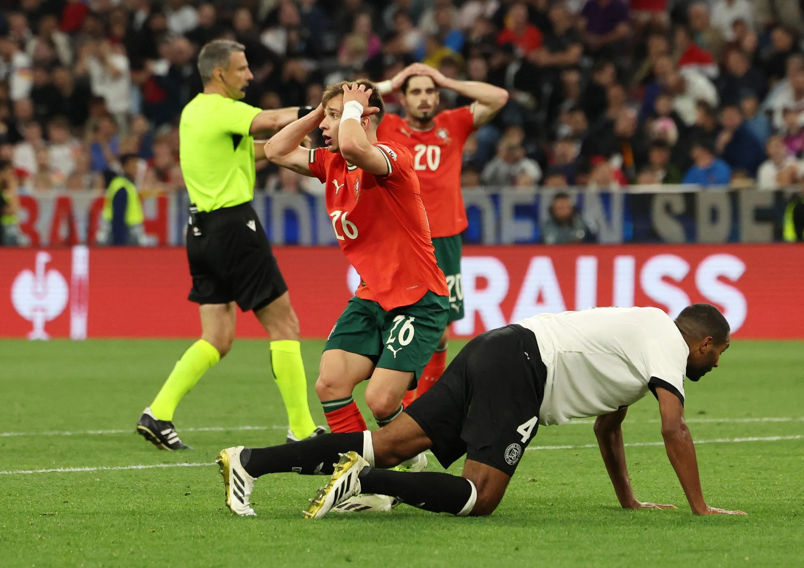 Portugal's Francisco Conceicao reacts after missing a chance to score.
