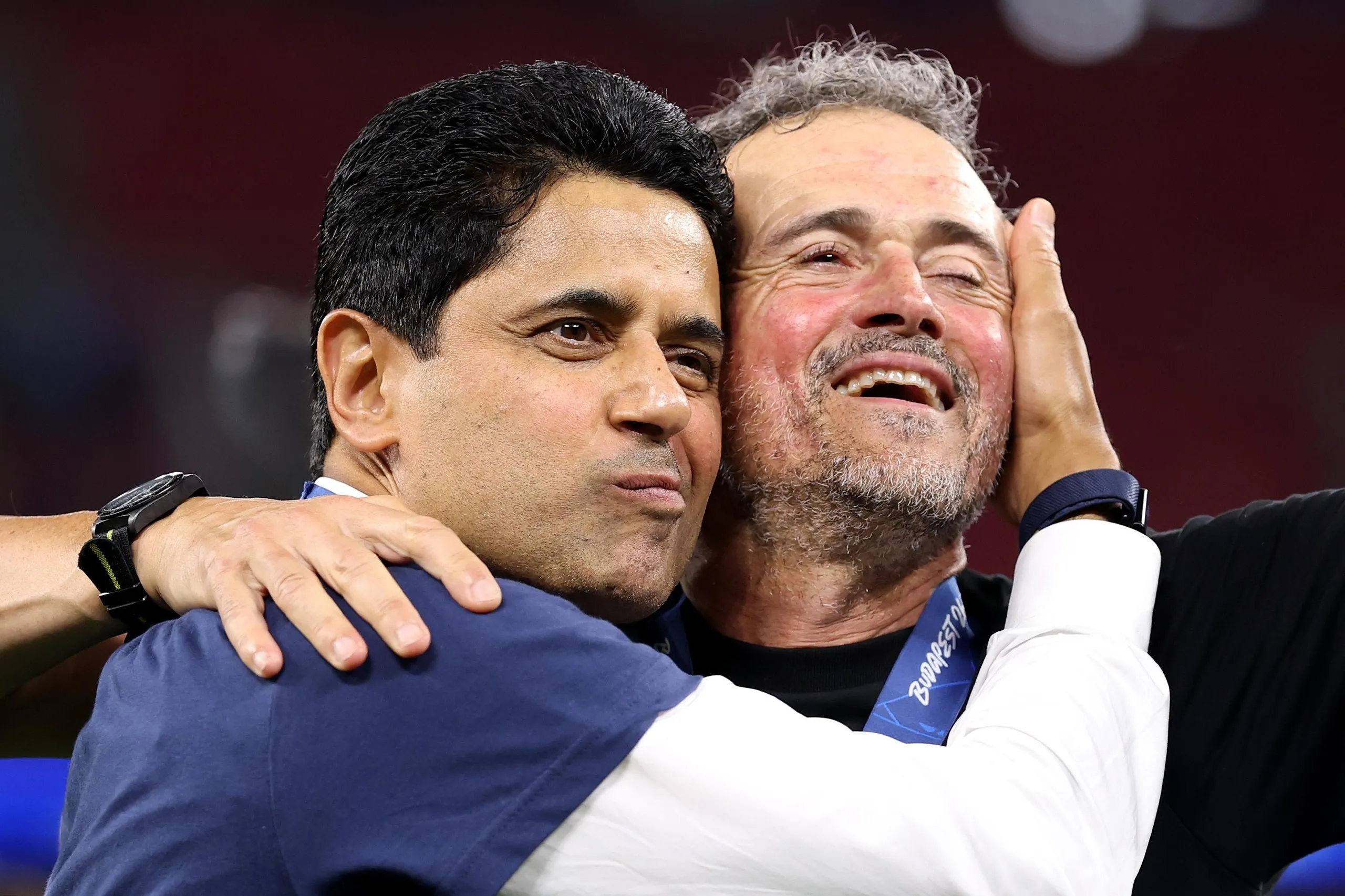 Nasser al-Khelaifi hugs Luis Enrique