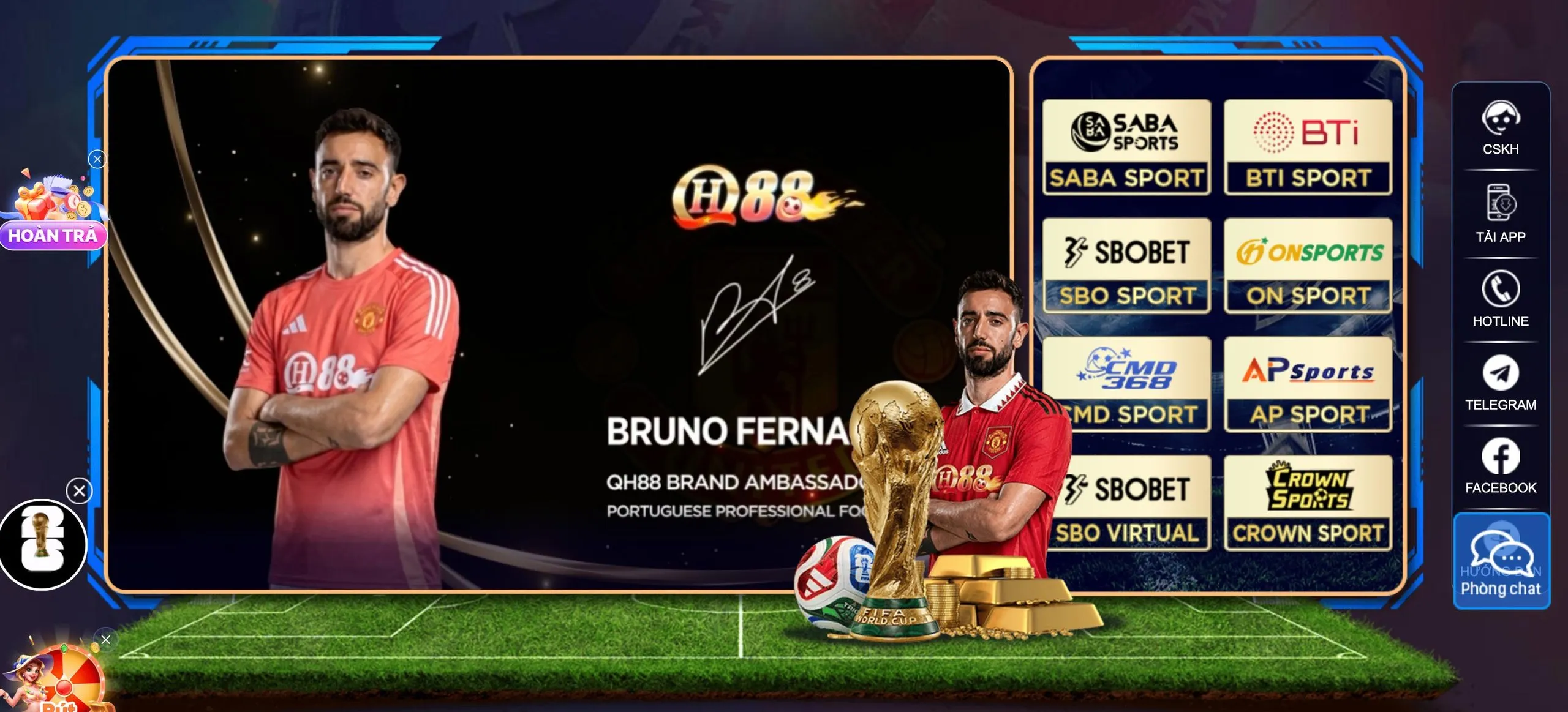 Screenshot of QH88 landing page with Bruno Fernandes on it