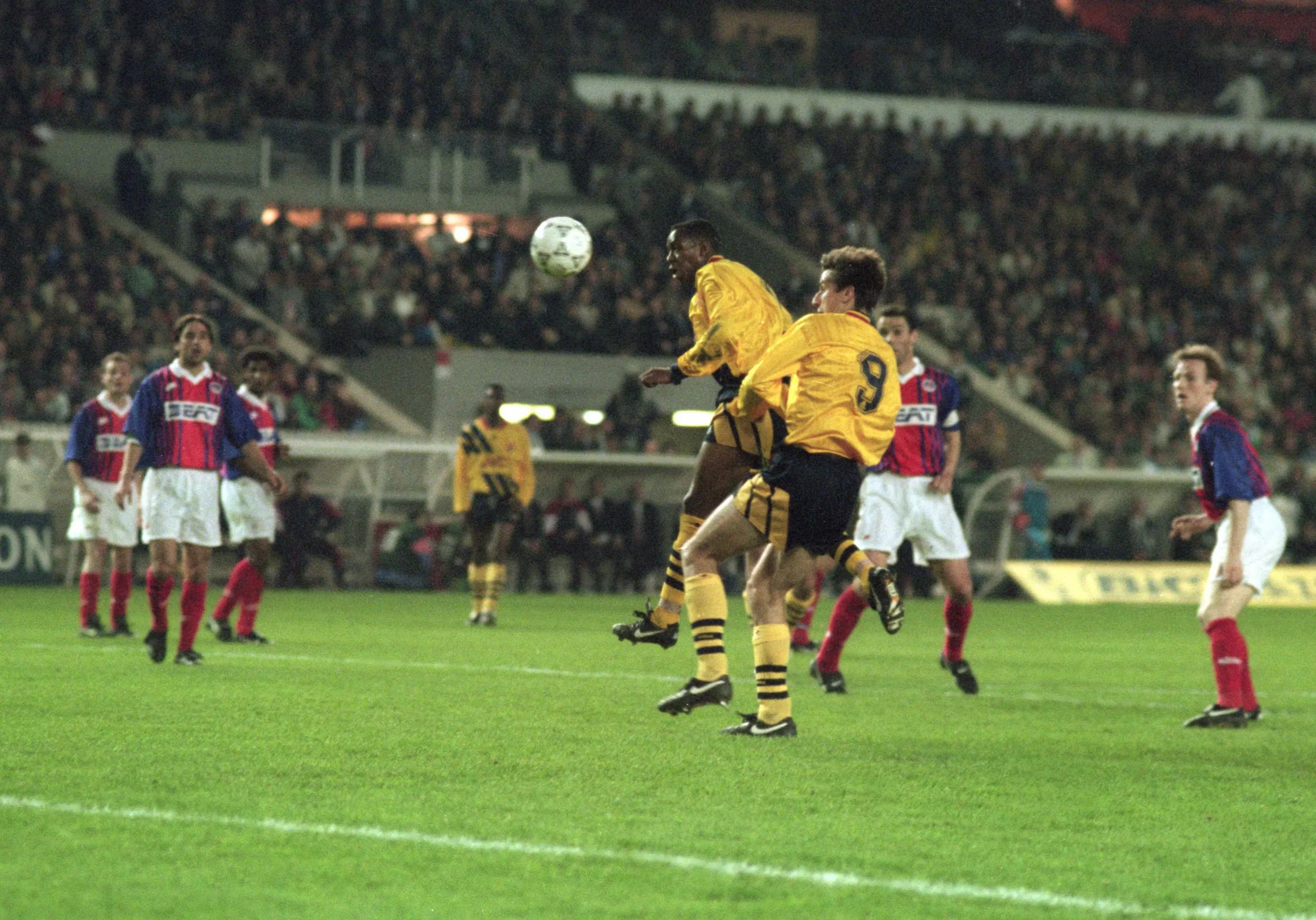 Arsenal’s Ian Wright scores during the first leg of the 1994 European Cup Winners Cup semi-final at Paris Saint Germain.