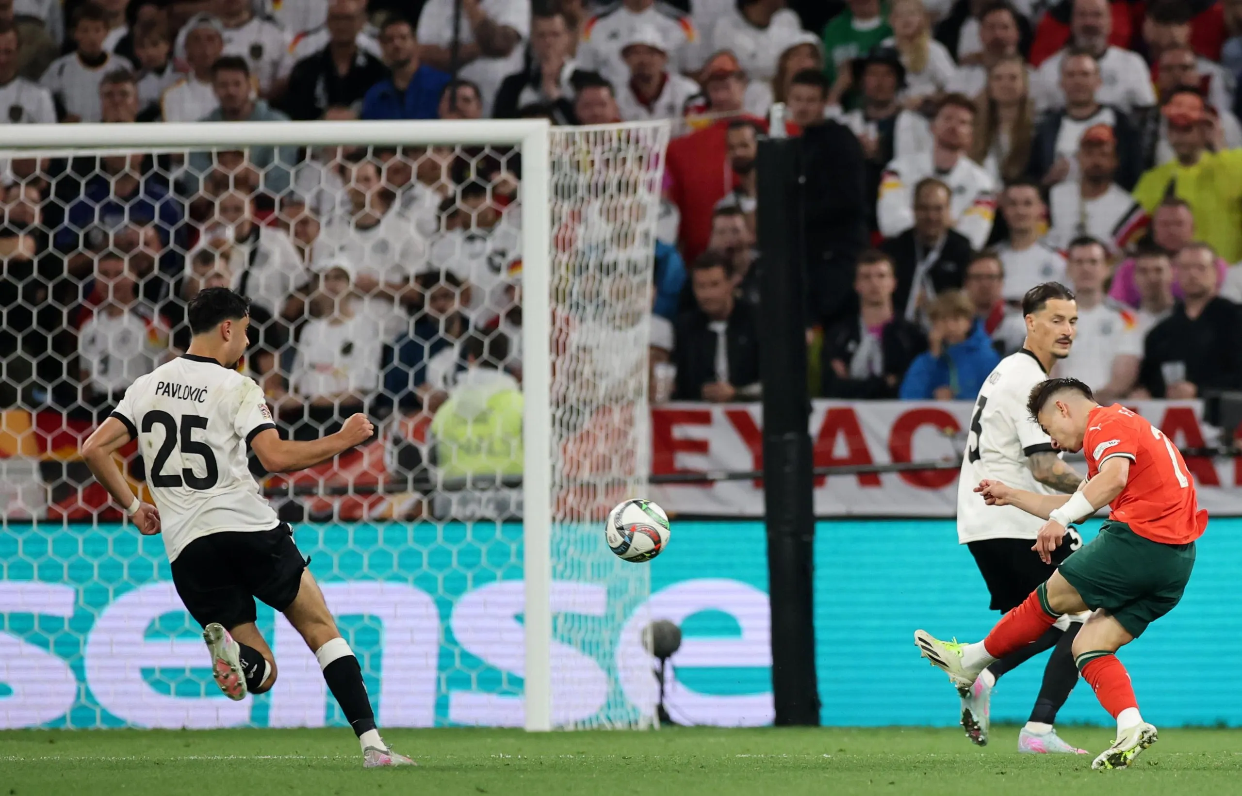 Francisco Conceicao of Portugal scores his team’s equaliser in the Nations League semi-final against Germany.