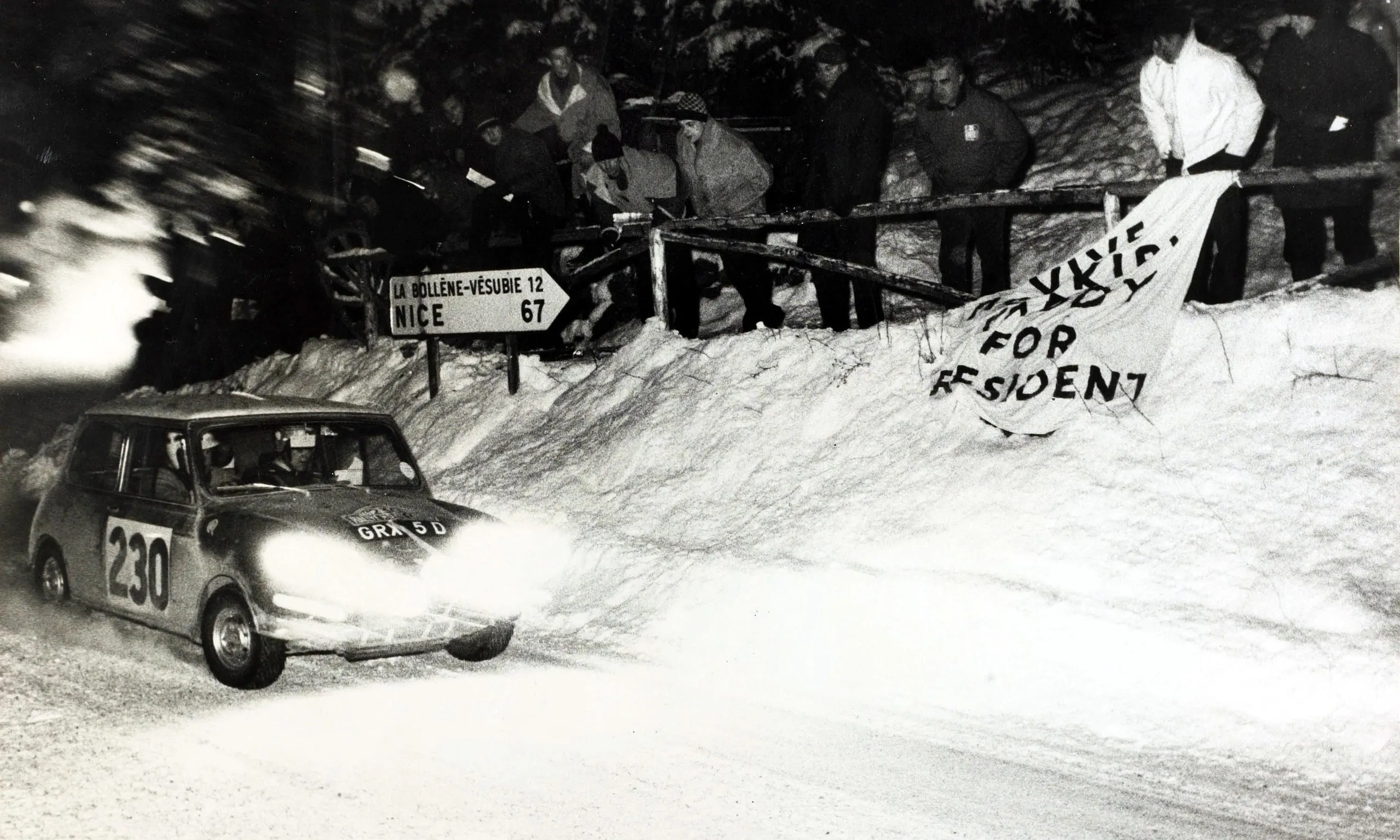 Paddy Hopkirk and Henry Liddon nearing the end of the 1966 Monte Carlo rally in snowy conditions. They came third but were disqualified on a technicality over the kind of headlight bulbs they used.
