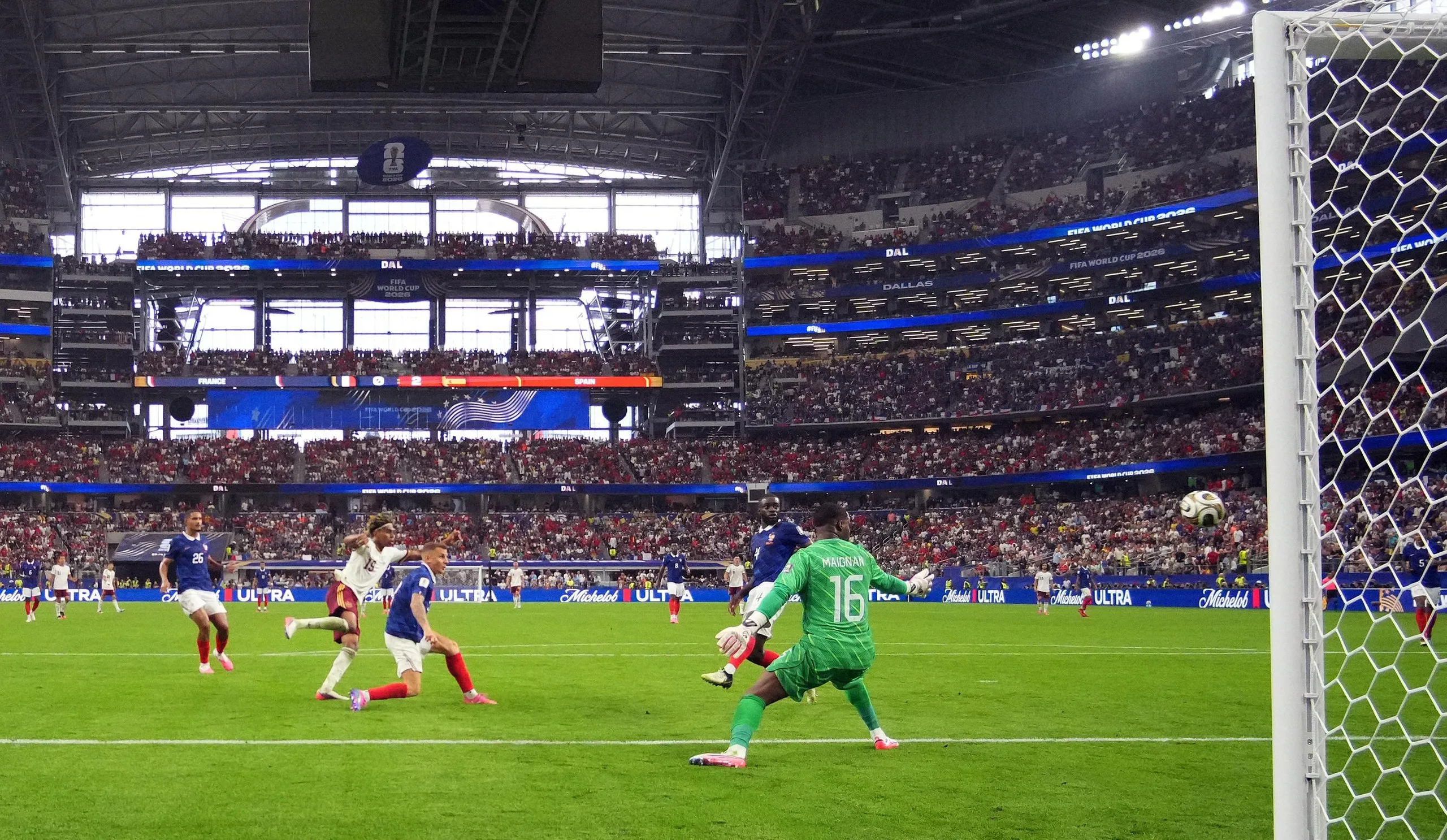 Spain's Lamine Yamal scores a goal that was later disallowed.