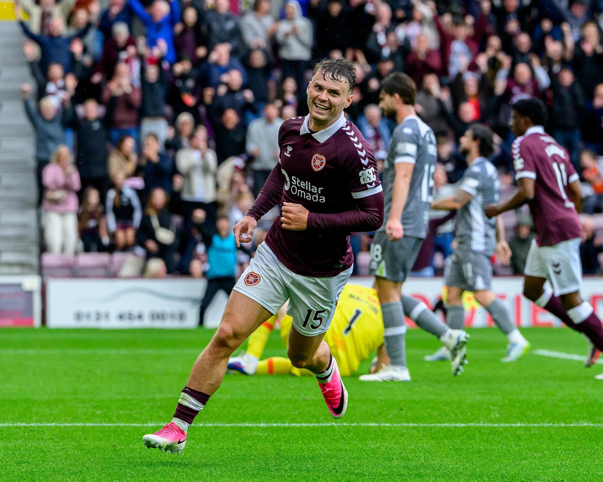 Josh McPake turns away after scoring Hearts’ fourth goal against Dundee United.