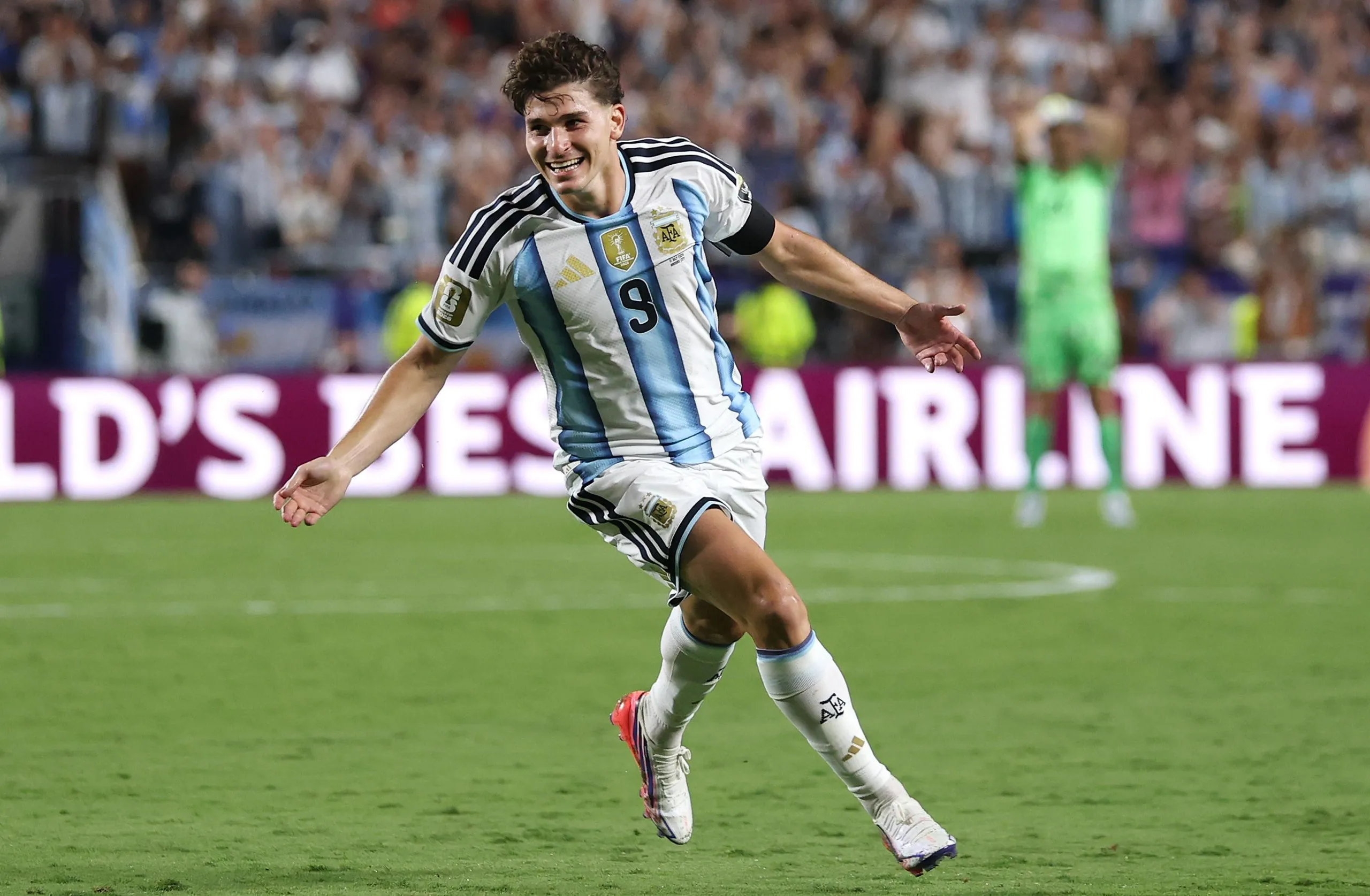 Julián Alvarez celebrates after scoring for Argentina against Switzerland at the World Cup.