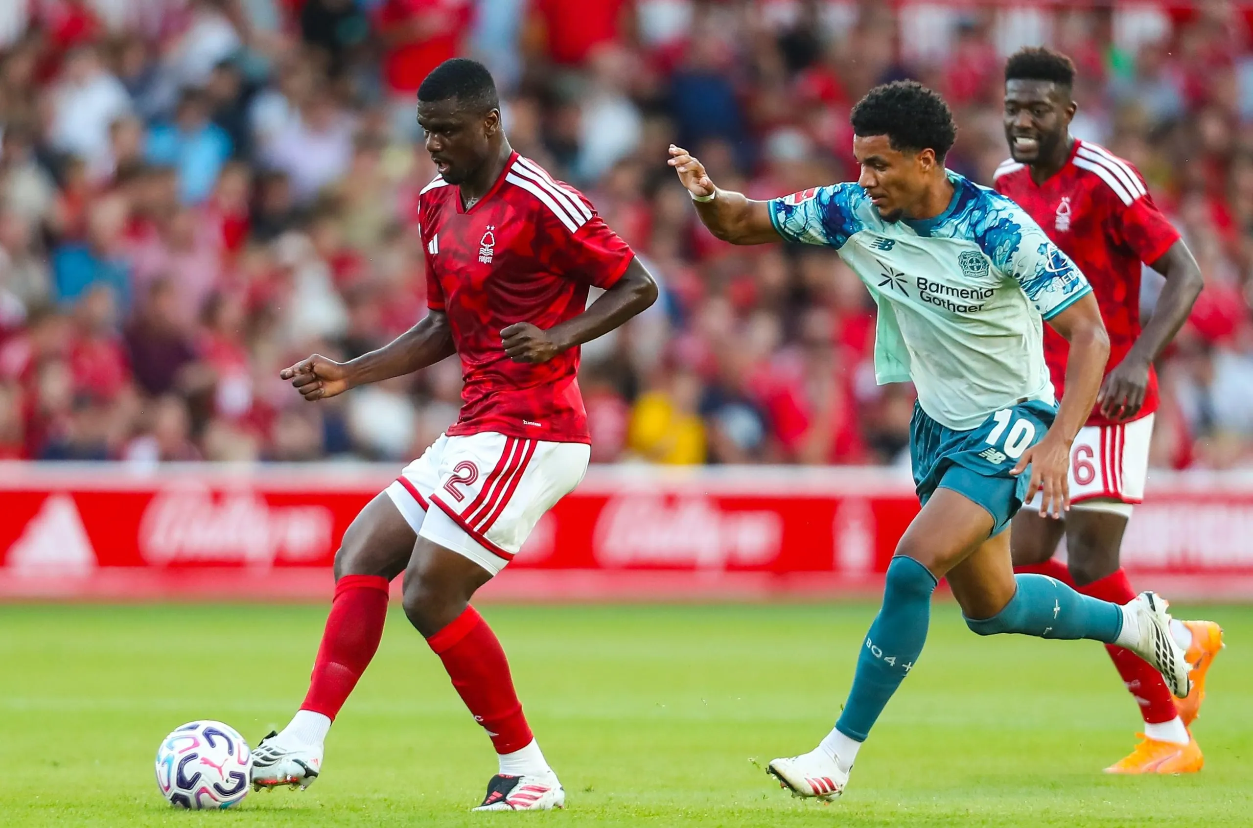 Ousmane Diomande of Nottingham Forest in action during a friendly against Bayer Leverkusen.