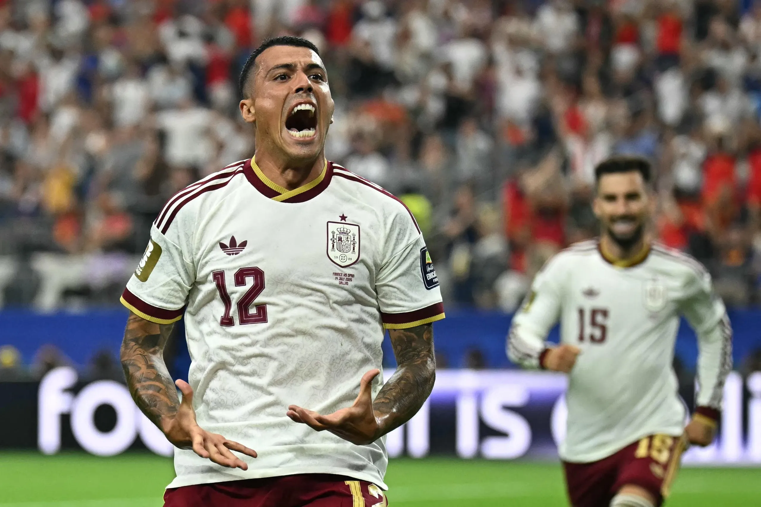 Pedro Porro celebrates scoring.