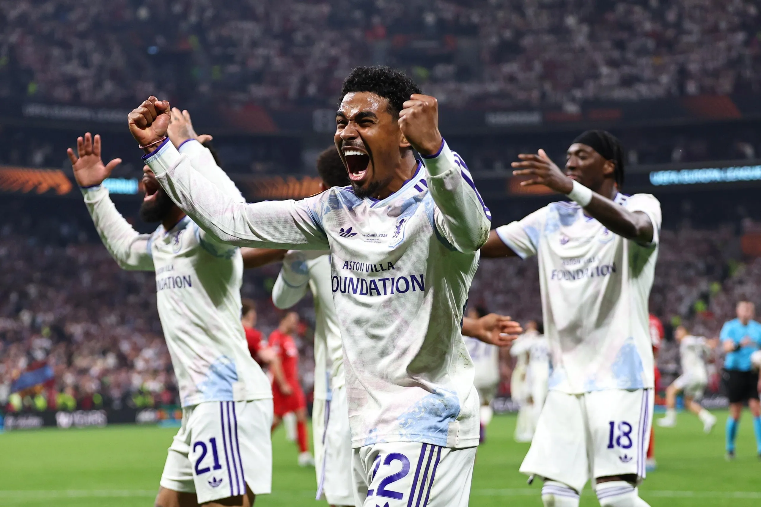 Ian Maatsen of Aston Villa celebrates after they win the UEFA Europa League