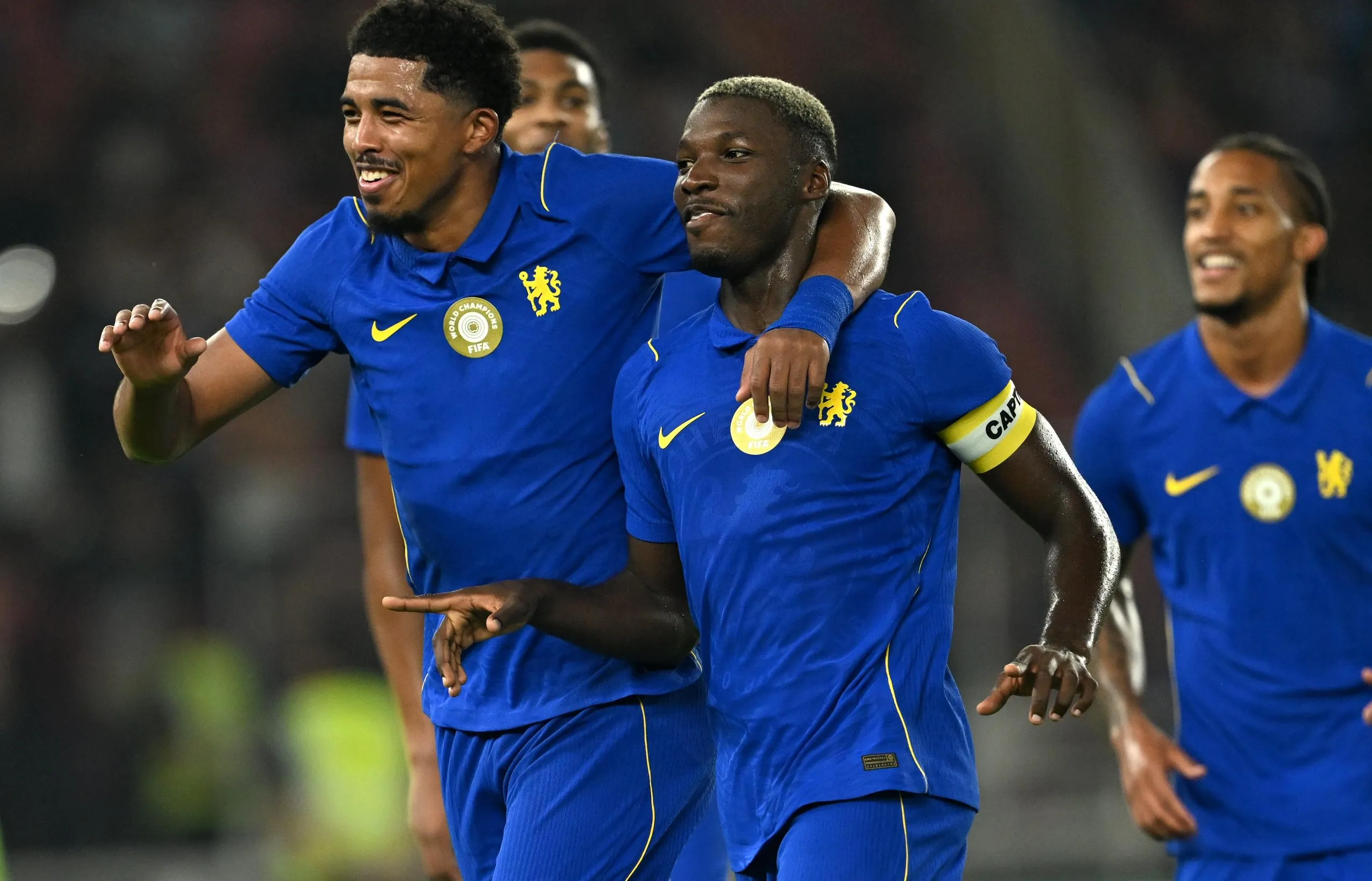 Chelsea players Wesley Fofana (left) and Moises Caicedo (right) celebrate a goal during pre-season.