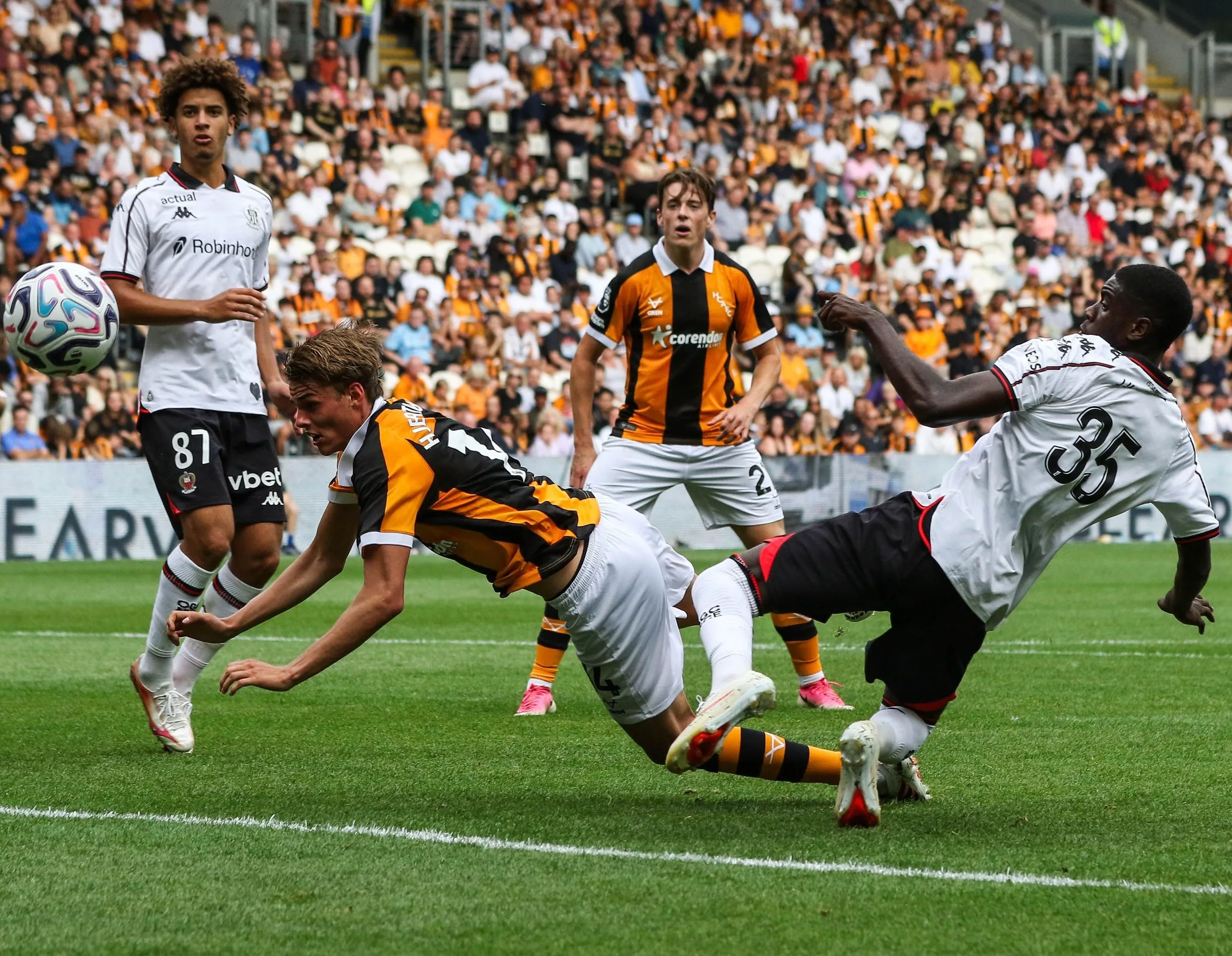 Hull’s Jens Hjertø-Dahl heads at the Nice goal during last Saturday’s pre-season friendly