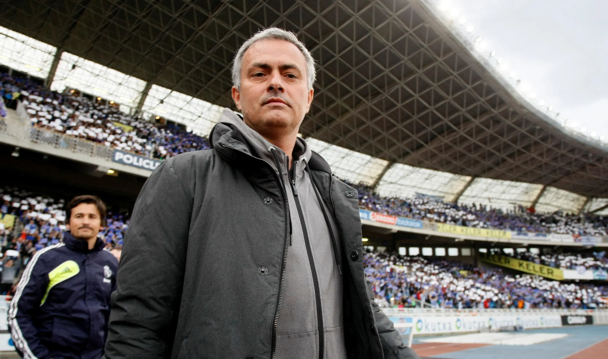José Mourinho walks out on to the Anoeta Stadium pitch in San Sebastián in May 2013.
