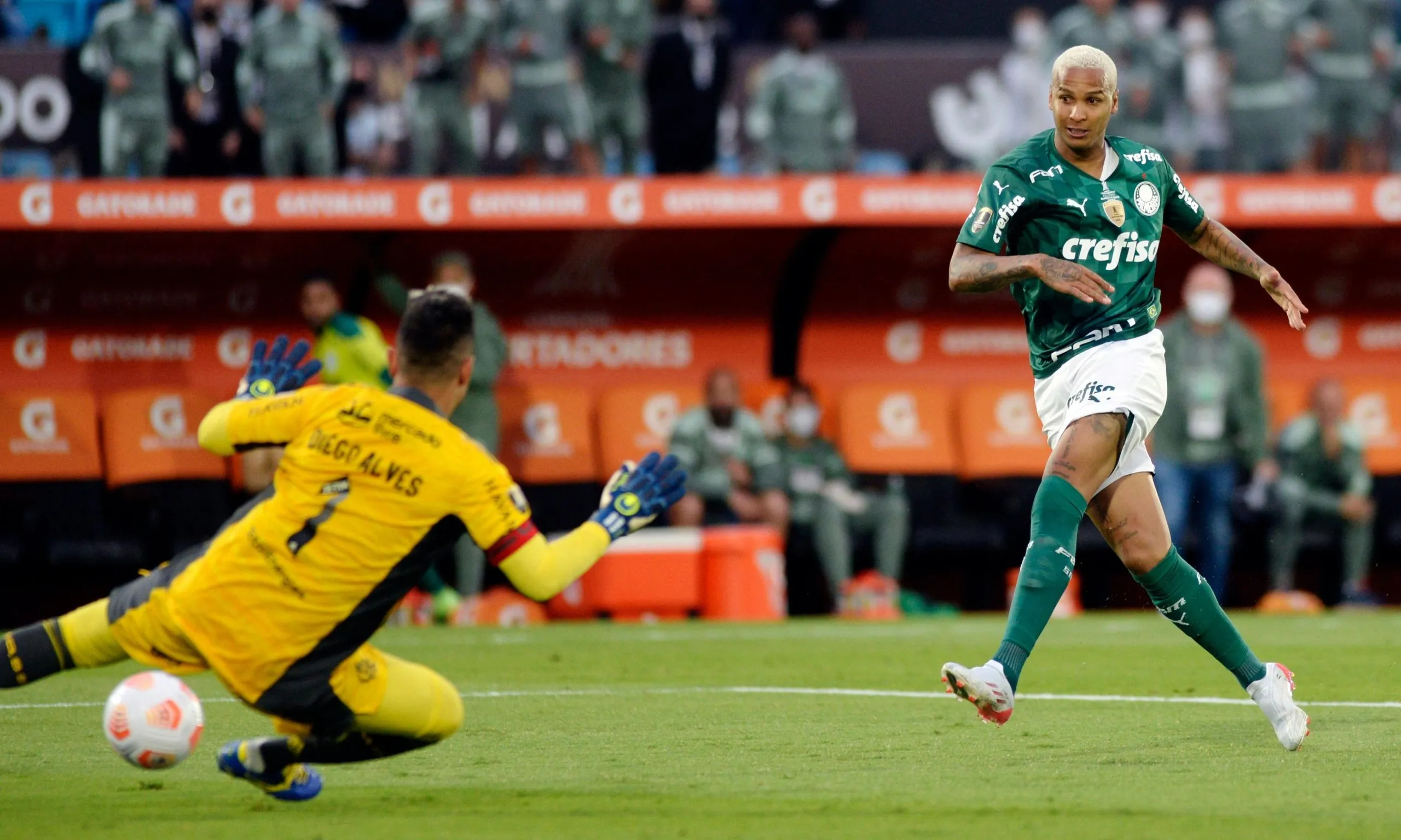 Deyverson fires the ball under Flamengo’s goalkeeper Diego Alves in extra time for what was the decisive goal