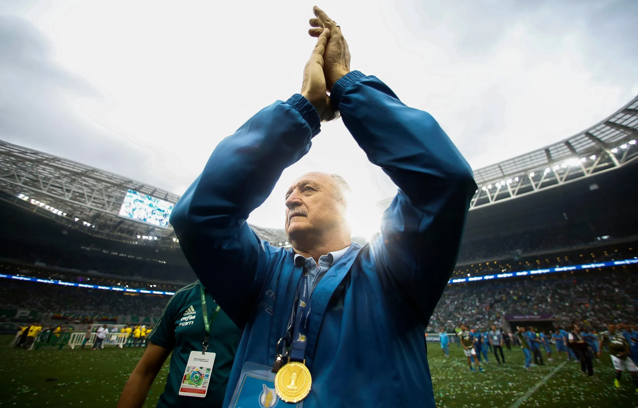 Scolari celebrates after winning the Brasileirao title with Palmeiras in 2008.