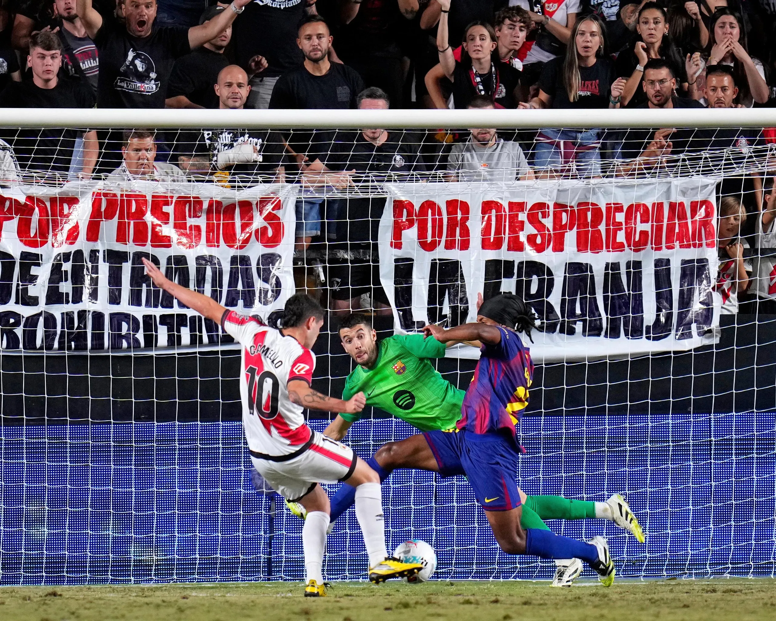 Rayo’s Sergio Camello scores a goal that was then disallowed