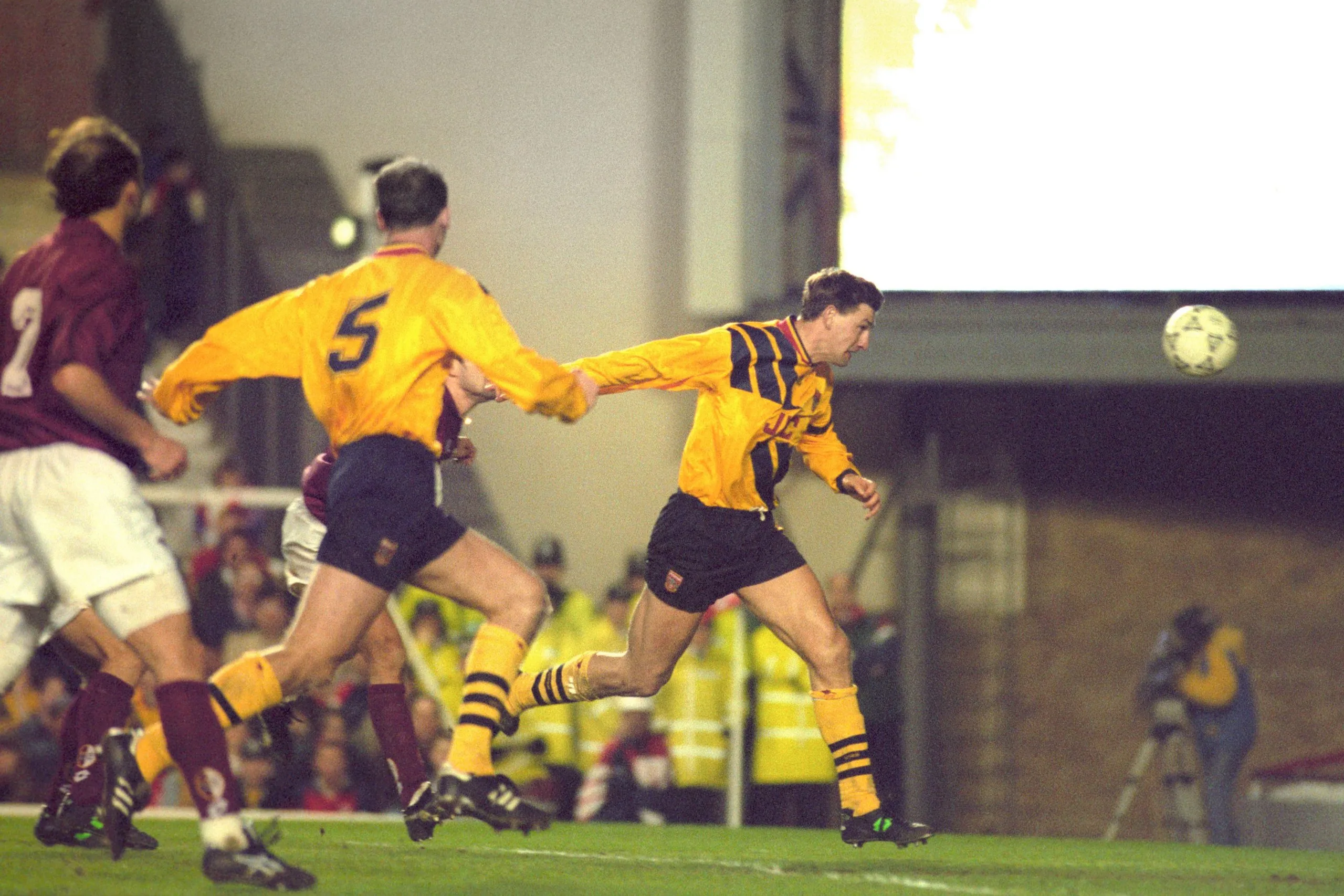 Tony Adams heads home the only goal at Highbury to put Arsenal into the Cup Winners’ Cup semi-final.