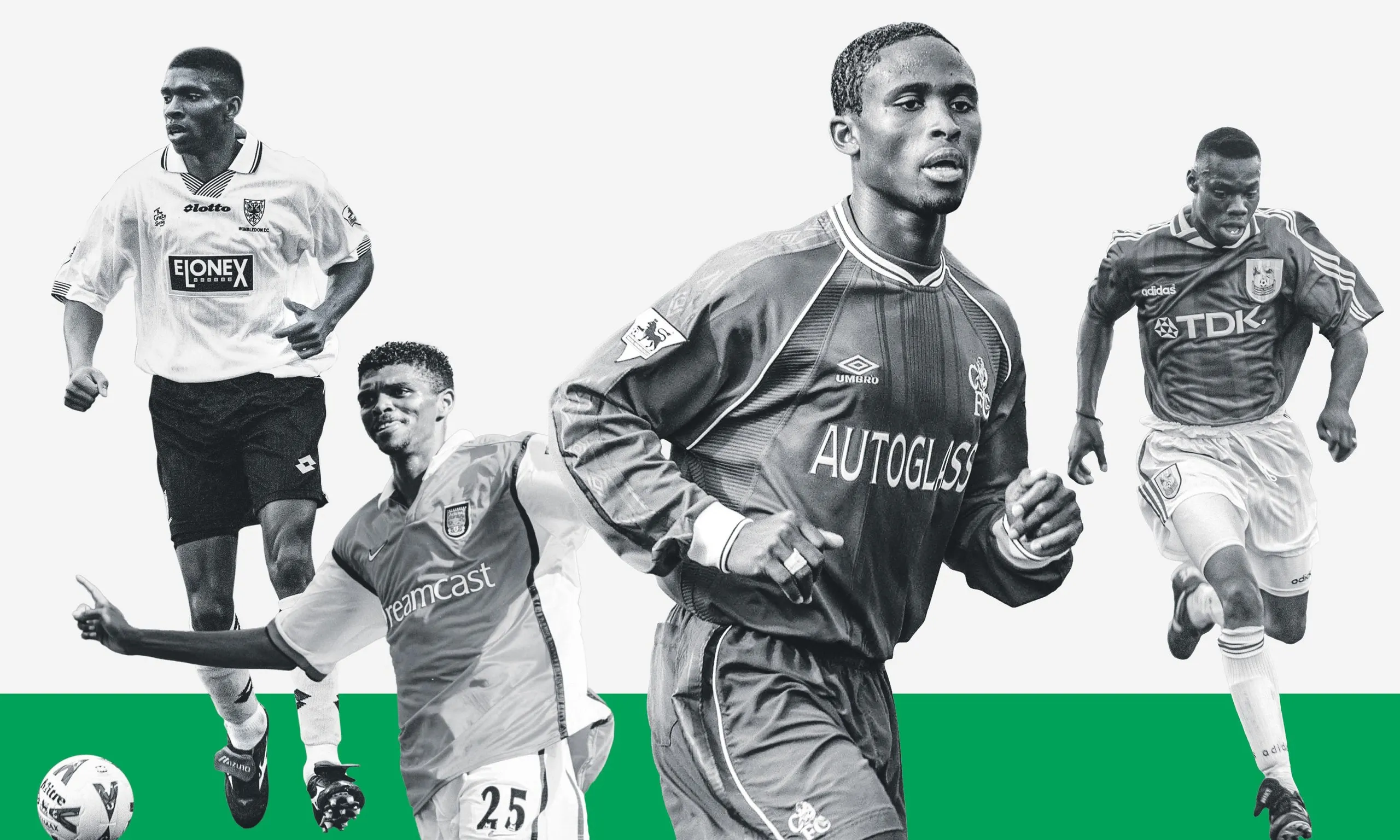 Graphic composite image showing four footballers.