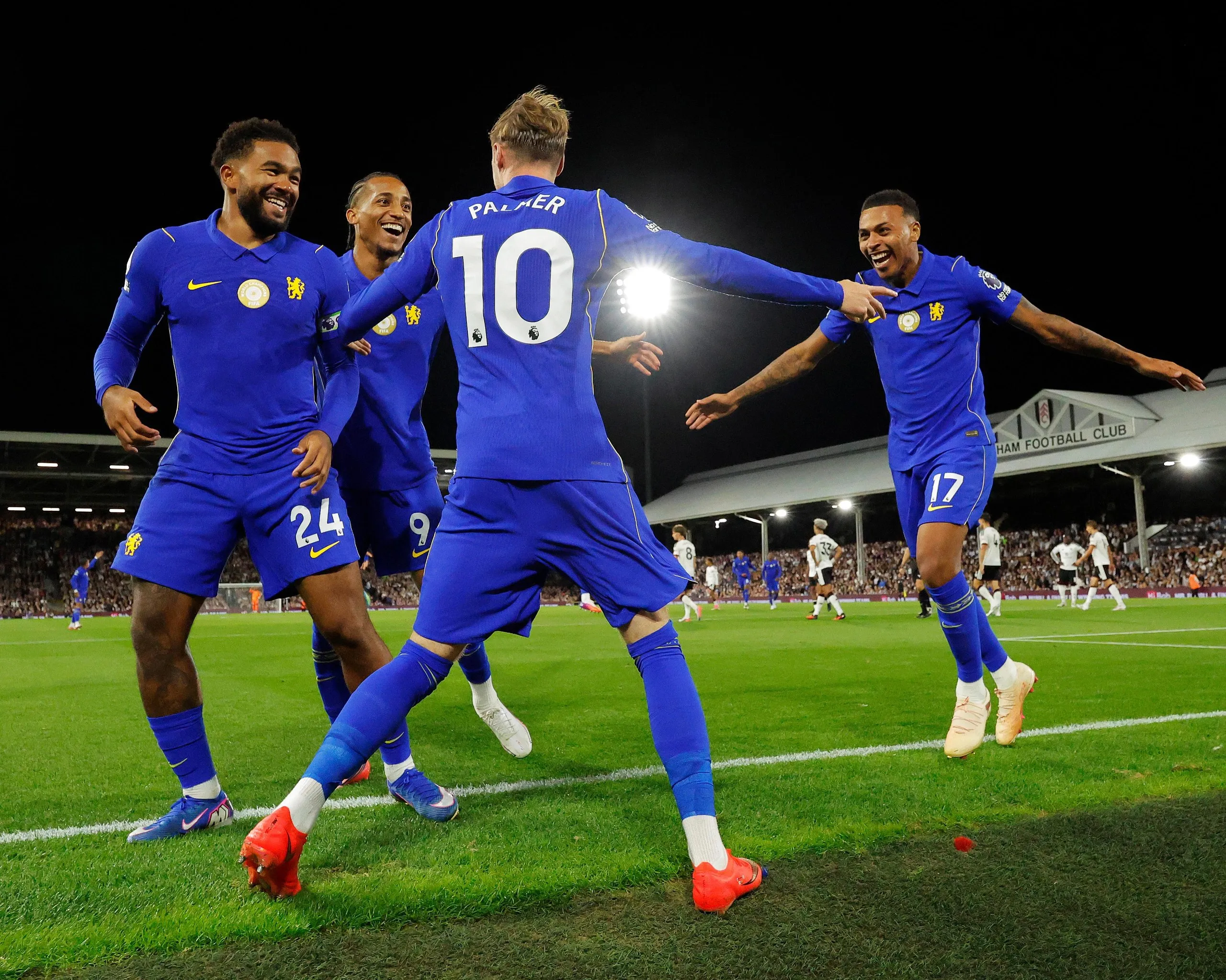The Chelsea players (left to right) Reece James, João Pedro, Cole Palmer and Morgan Rogers celebrate a goal during their side’s 3-2 Premier League win away to Fulham.
