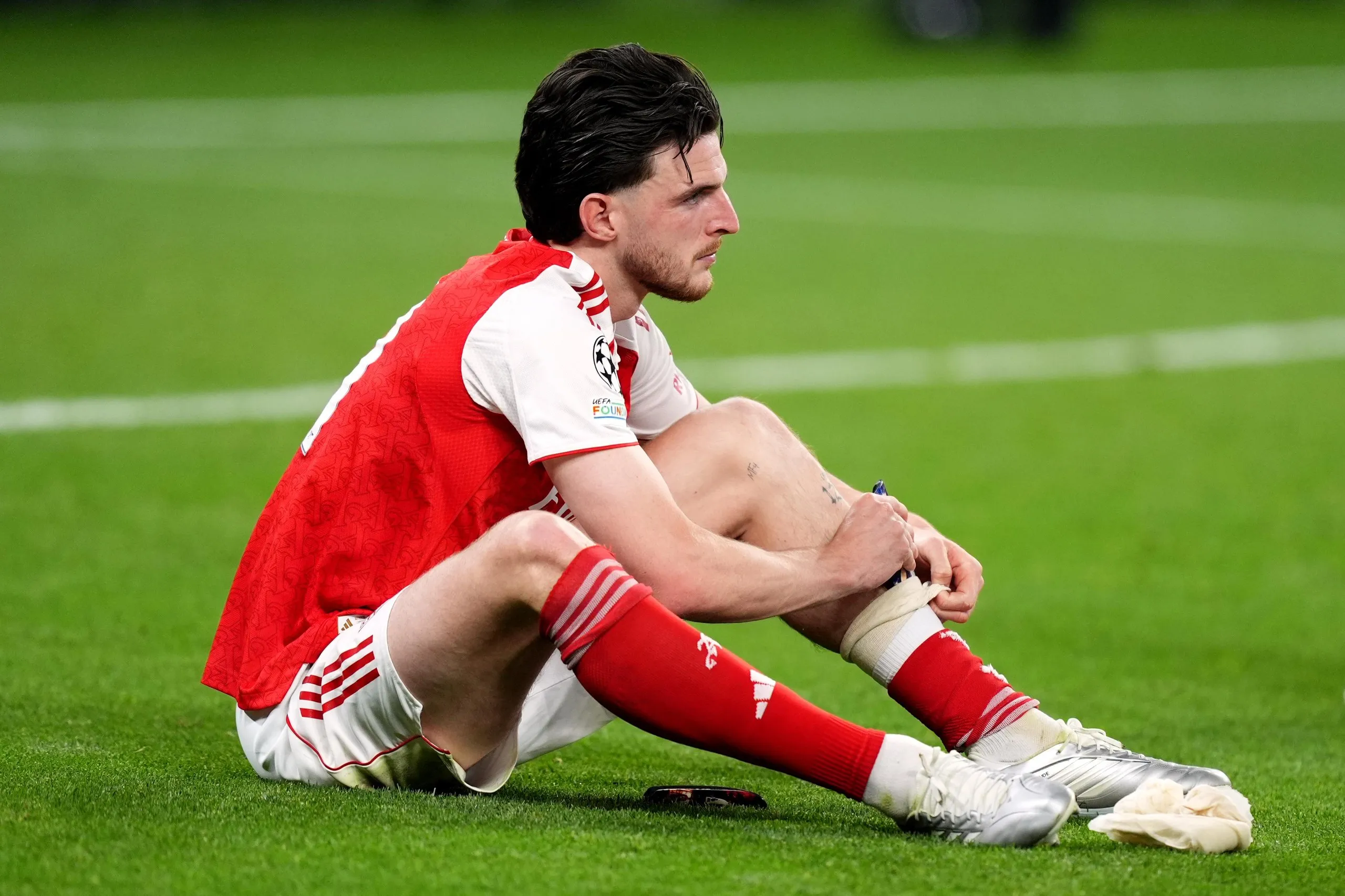 Arsenal’s Declan Rice dejected following the UEFA Champions League final.