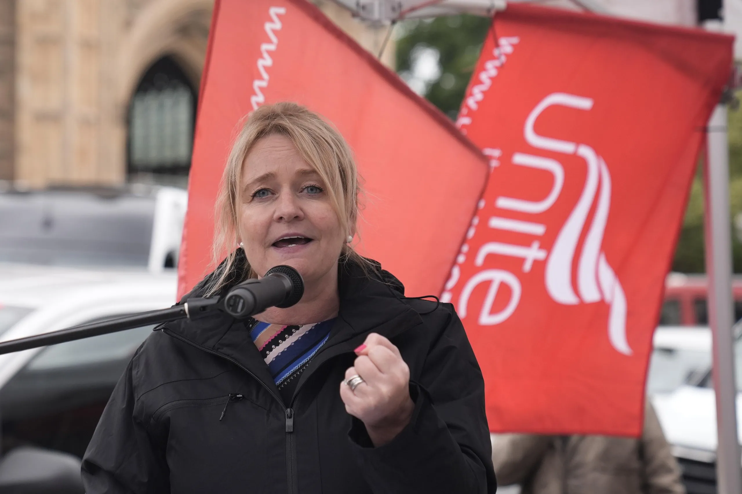 Sharon Graham speaking at a rally