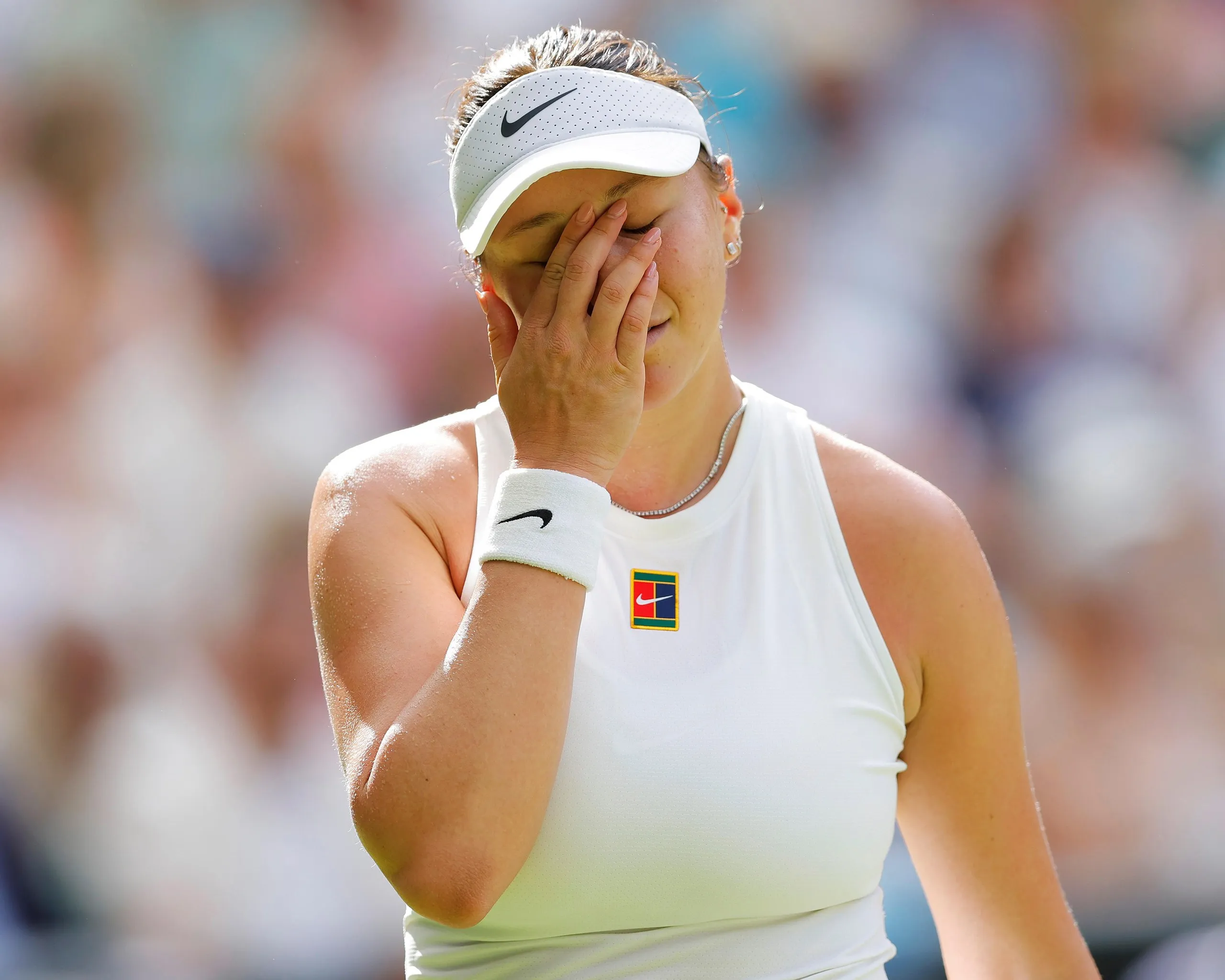 Amanda Anisimova during the second set of her 6-0, 6-0 defeat to Iga Swiatek in the 2025 Wimbledon women’s singles final