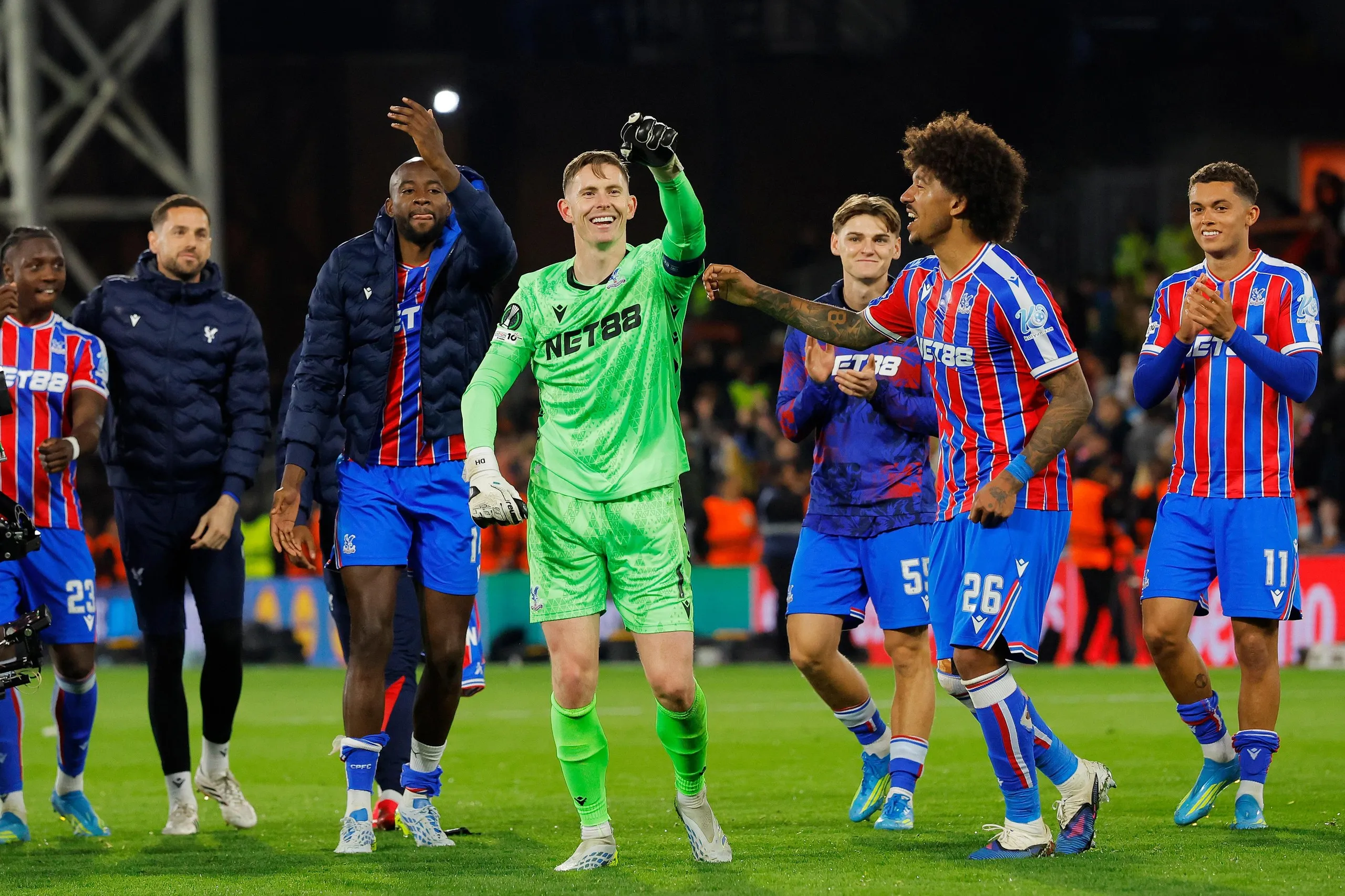 Jean-Philippe Mateta (centre left) Dean Henderson and Chris Richards (centre right) celebrate after Crystal Palace reached the Conference League final.
