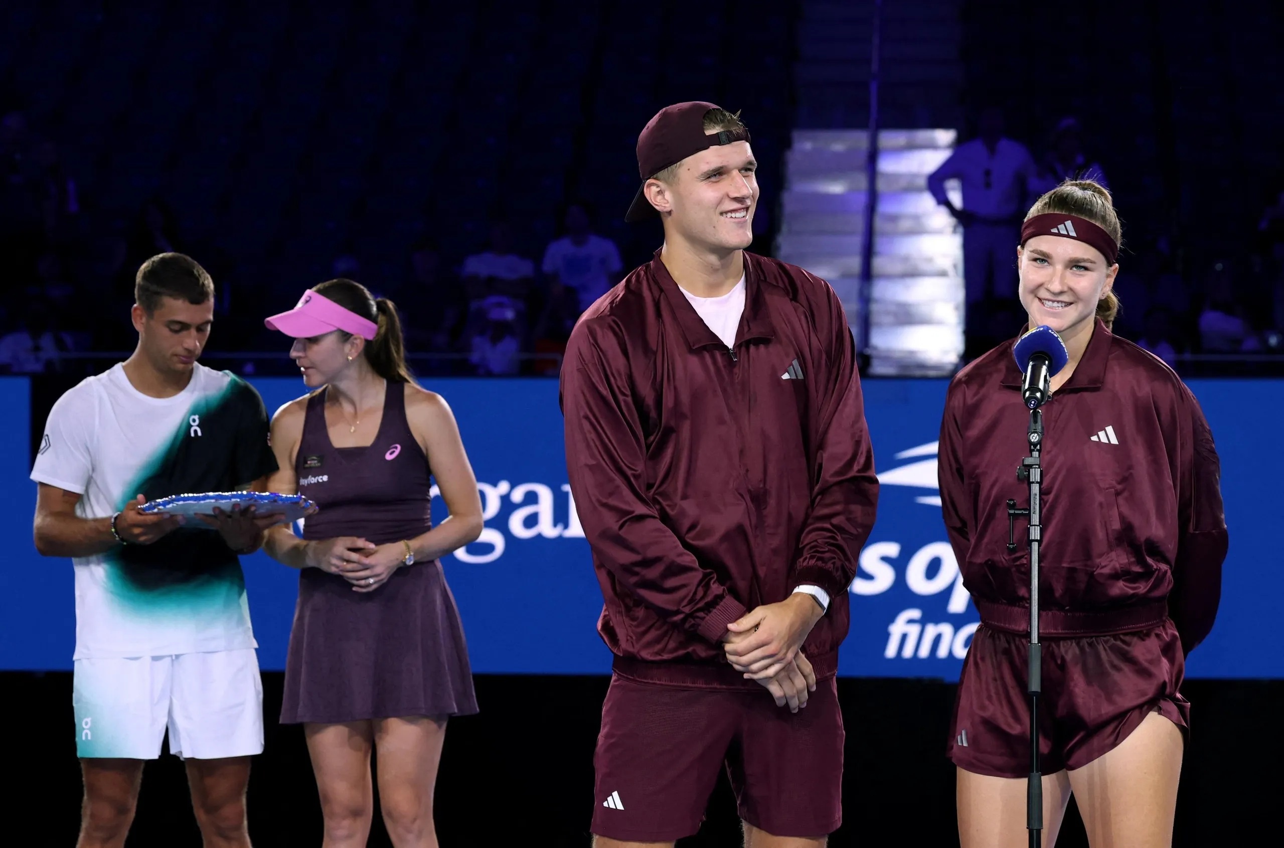 Karolína Muchová and Jakub Menšík speak after winning the US Open mixed doubles final over Switzerland’s Belinda Bencic and Italy’s Flavio Cobolli.