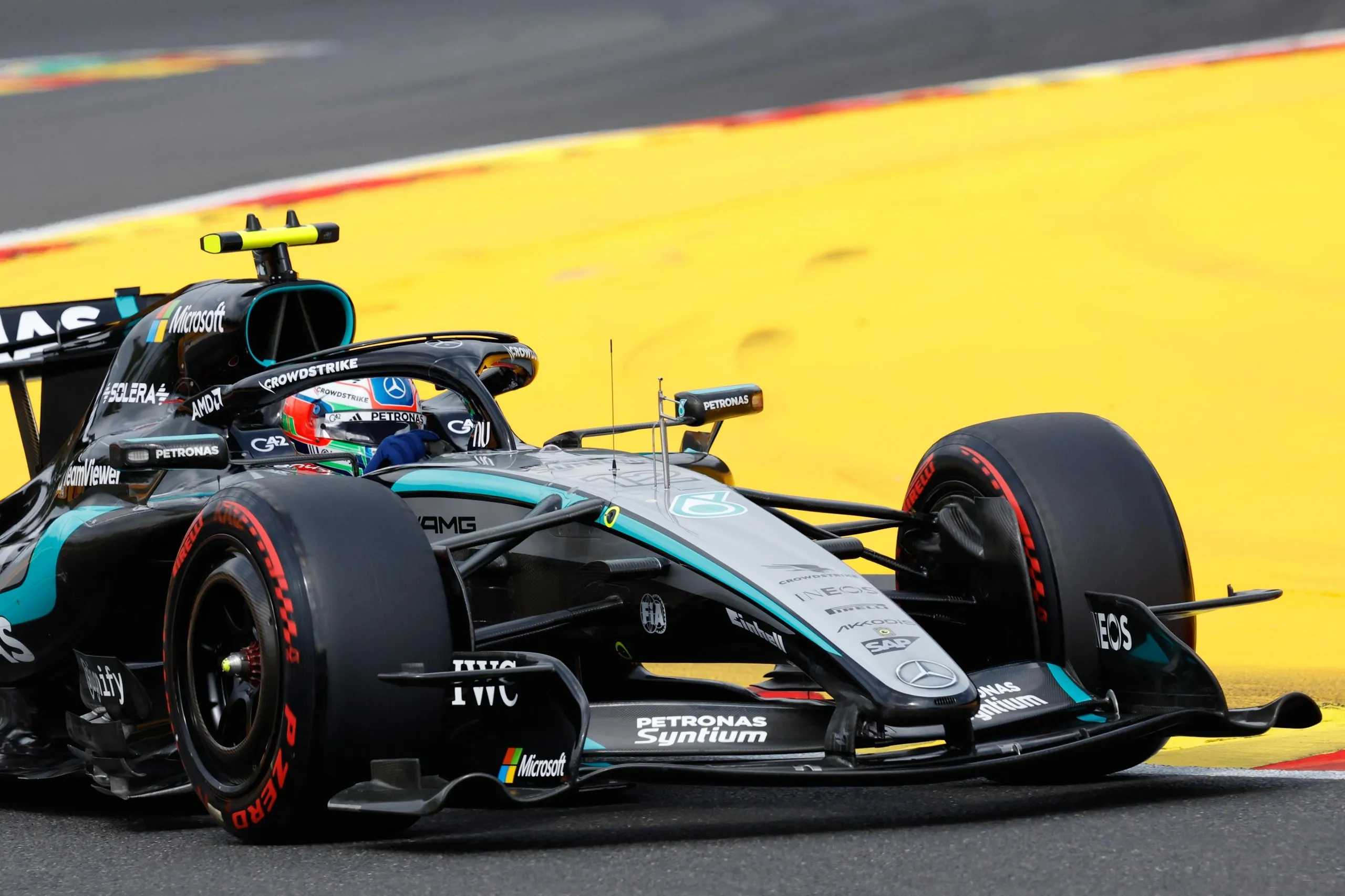Mercedes’ Kimi Antonelli steers his car whilst on his way to pole position.