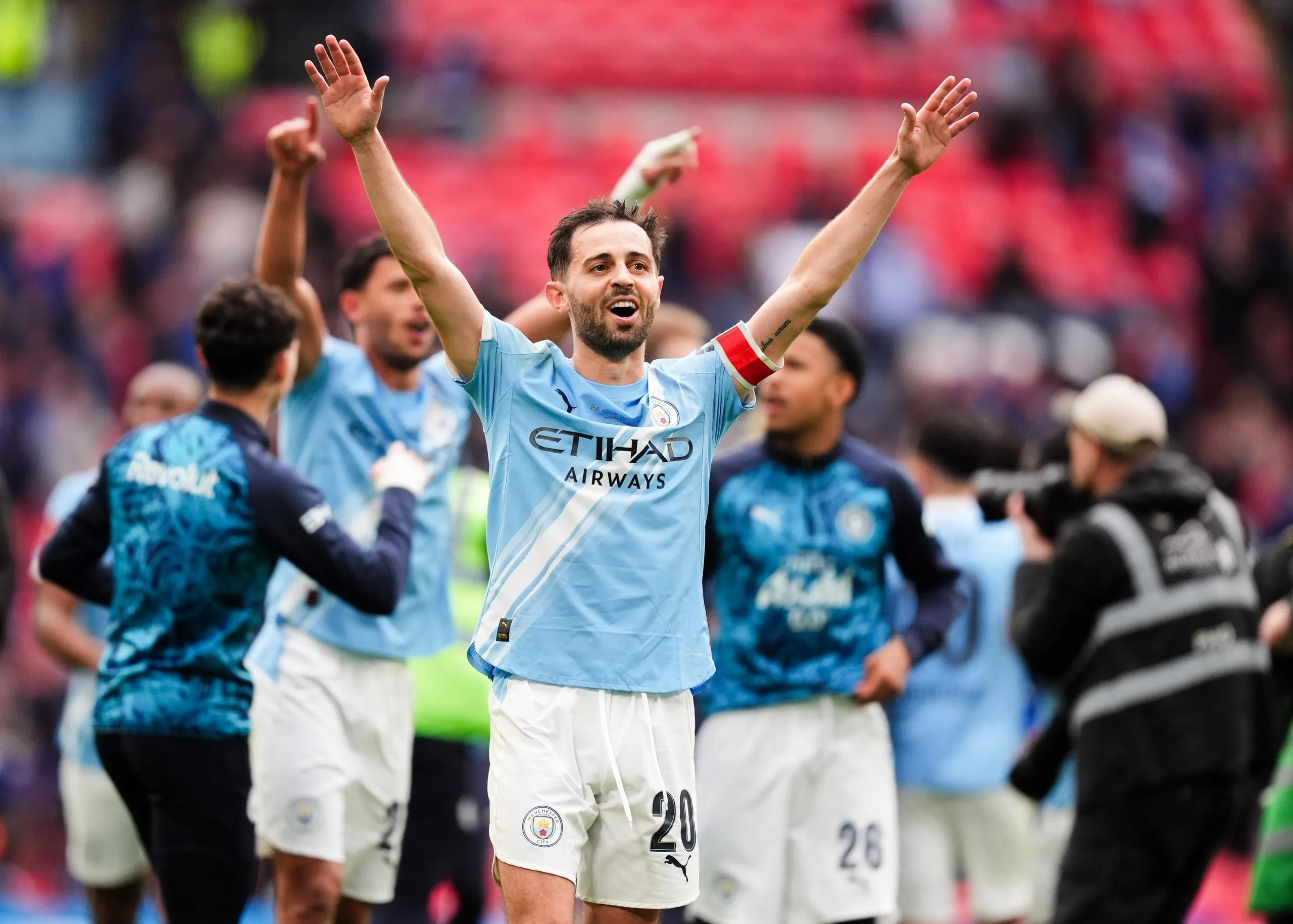 Manchester City's Bernardo Silva celebrates his side;s victory over Chelsea.