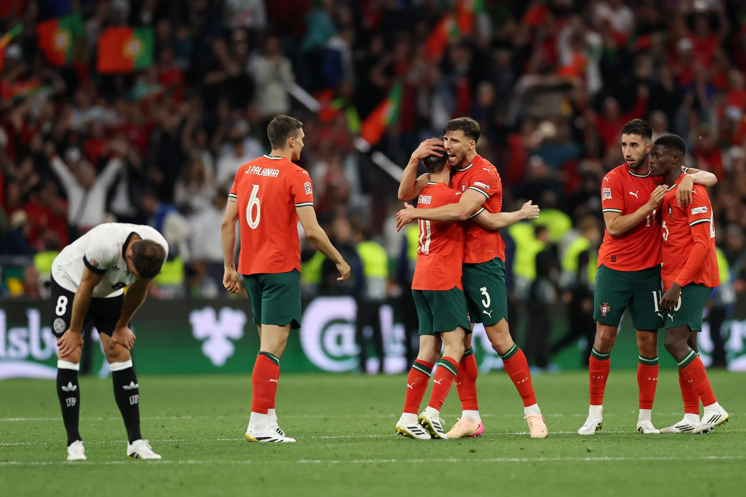 Bernardo Silva (centre left) and Ruben Dias (centre right) celebrate alongside teammates as they celebrate Portugal’s Nations League semi-final victory over Germany.