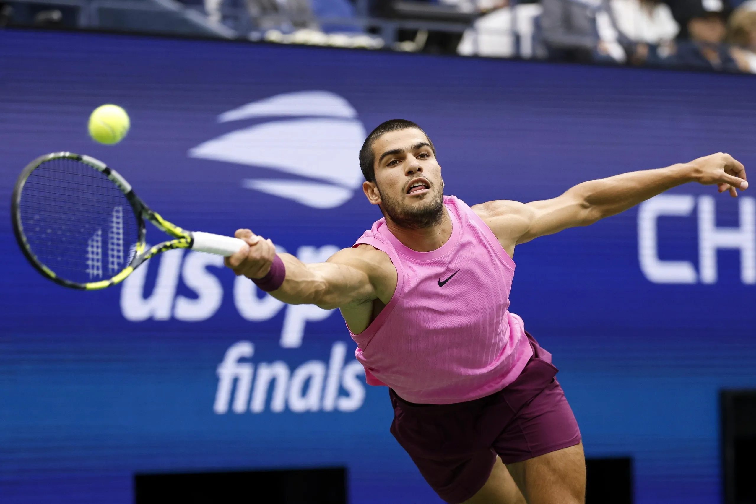 Carlos Alcaraz of Spain in action against Jannik Sinner of Italy.