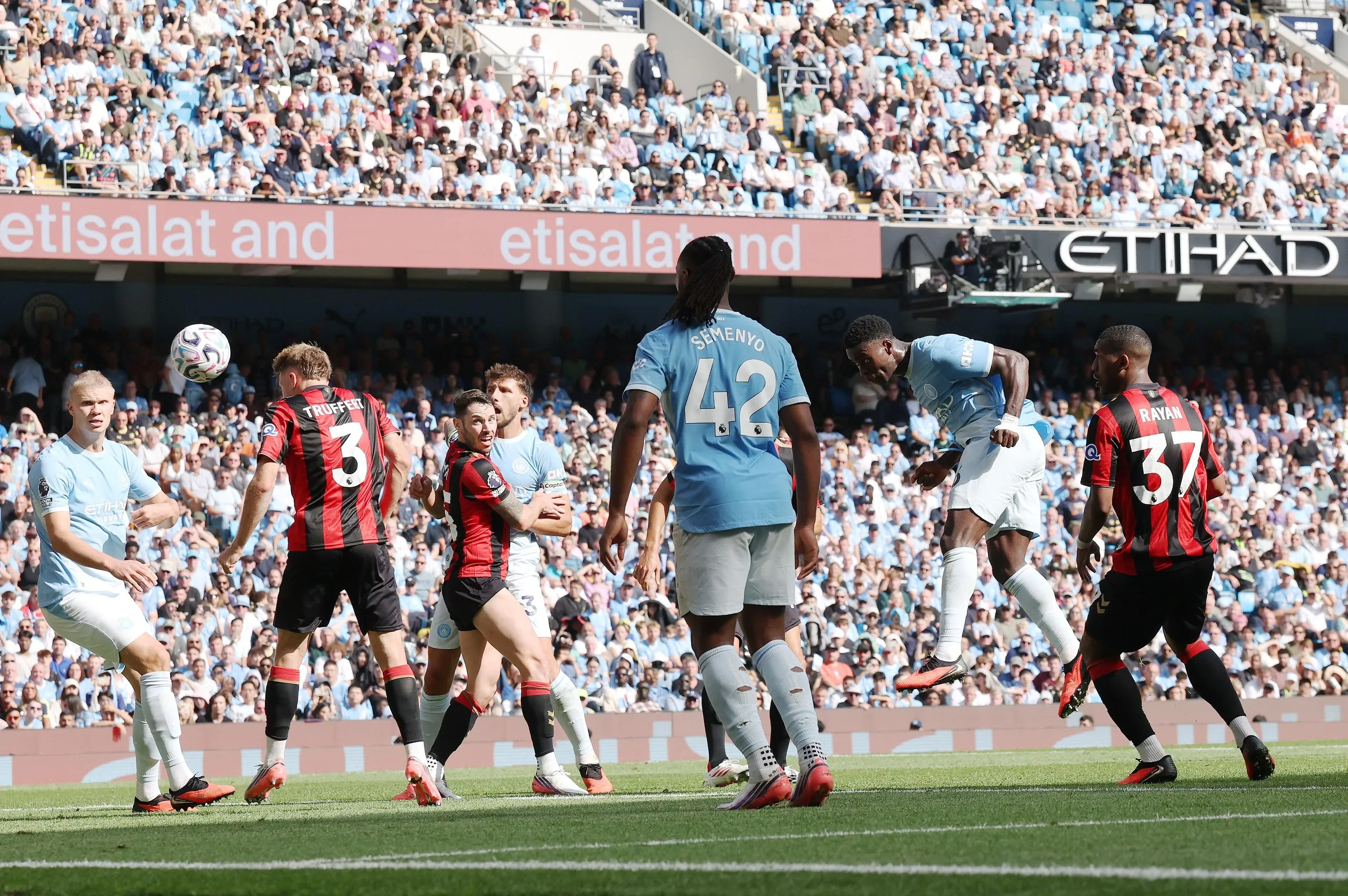 Marc Guéhi scores Manchester City’s equaliser against Bournemouth.