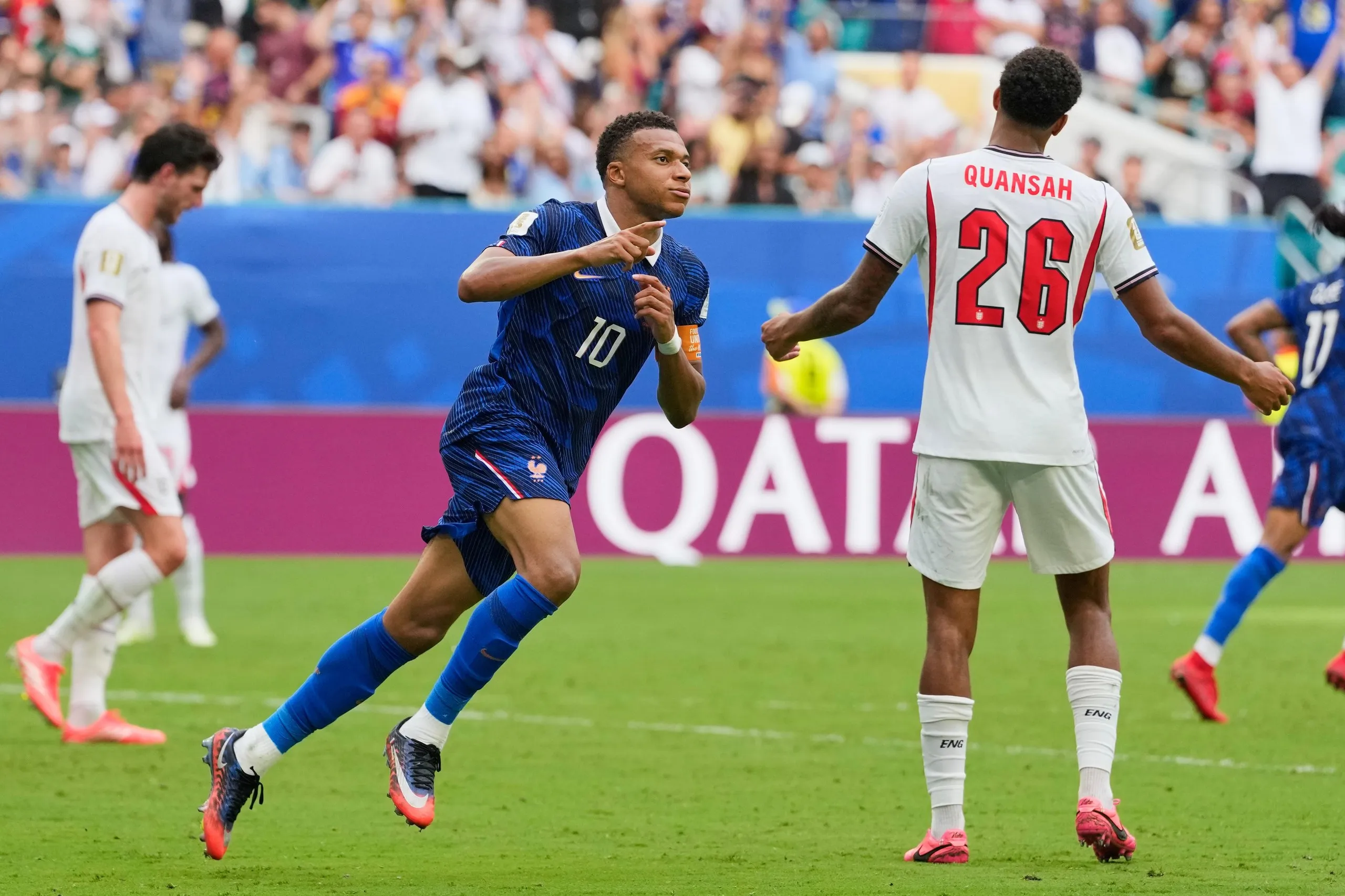 Kylian Mbappé celebrates after scoring France’s third goal.