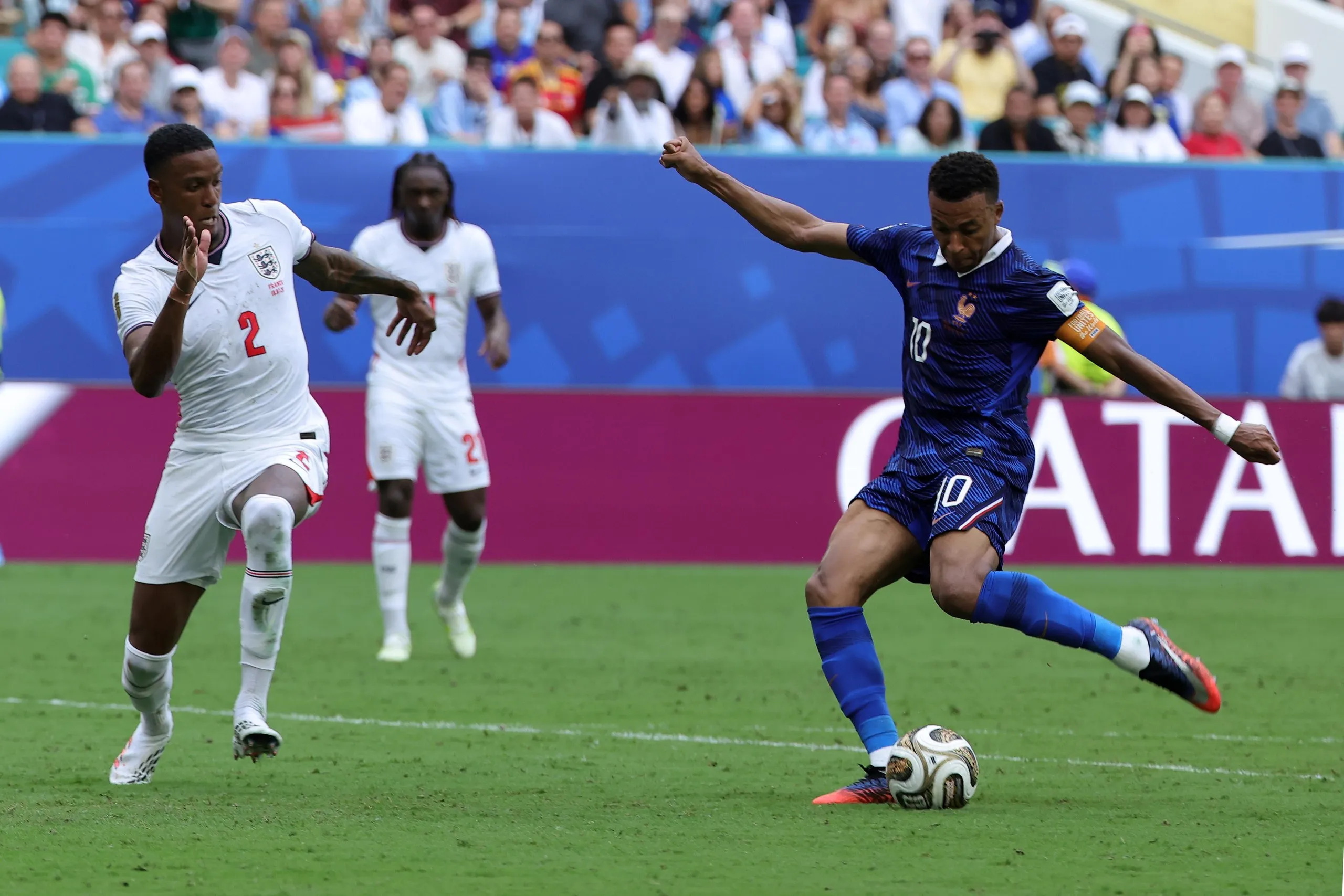Kylian Mbappe lashes a left foot shot home to score