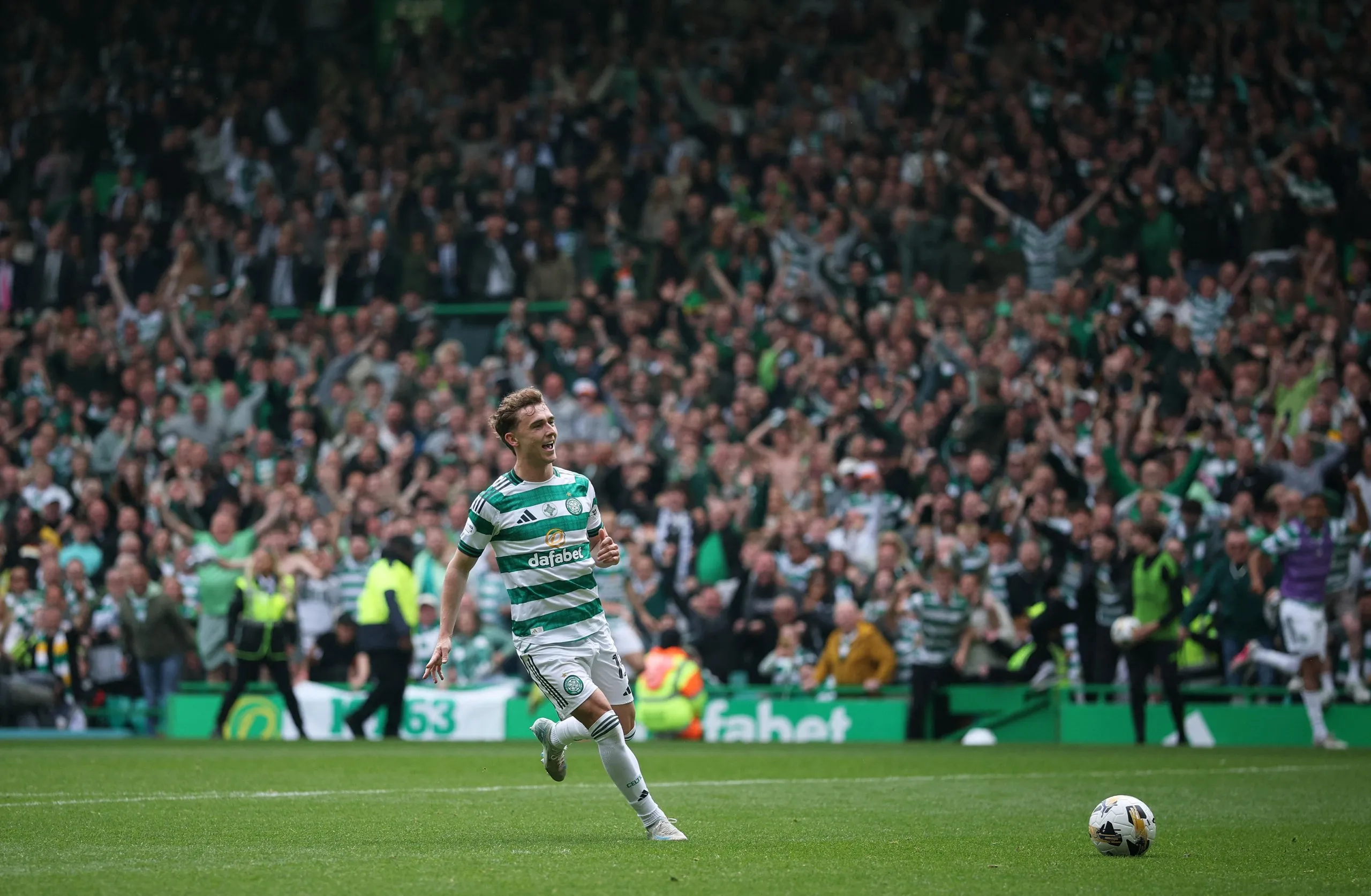 Callum Osmand slots the ball into an empty net for Celtic’s third goal.