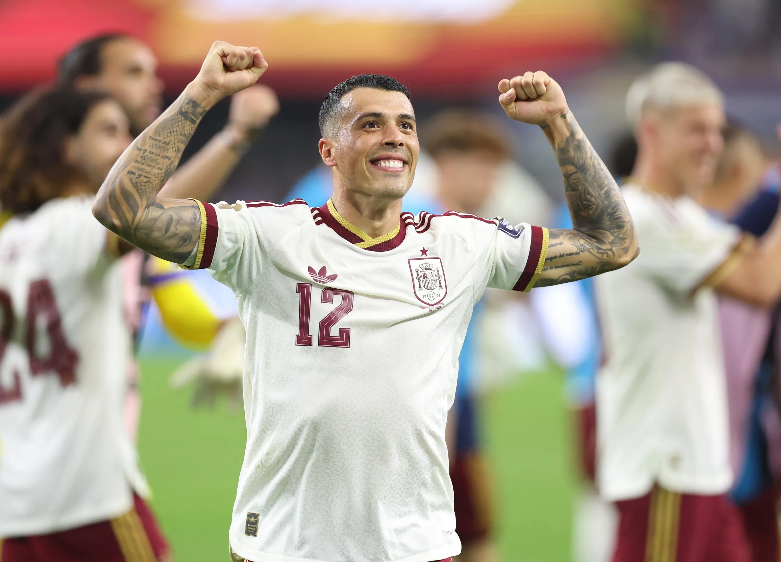Spain's Pedro Porro celebrates at the end of the match.