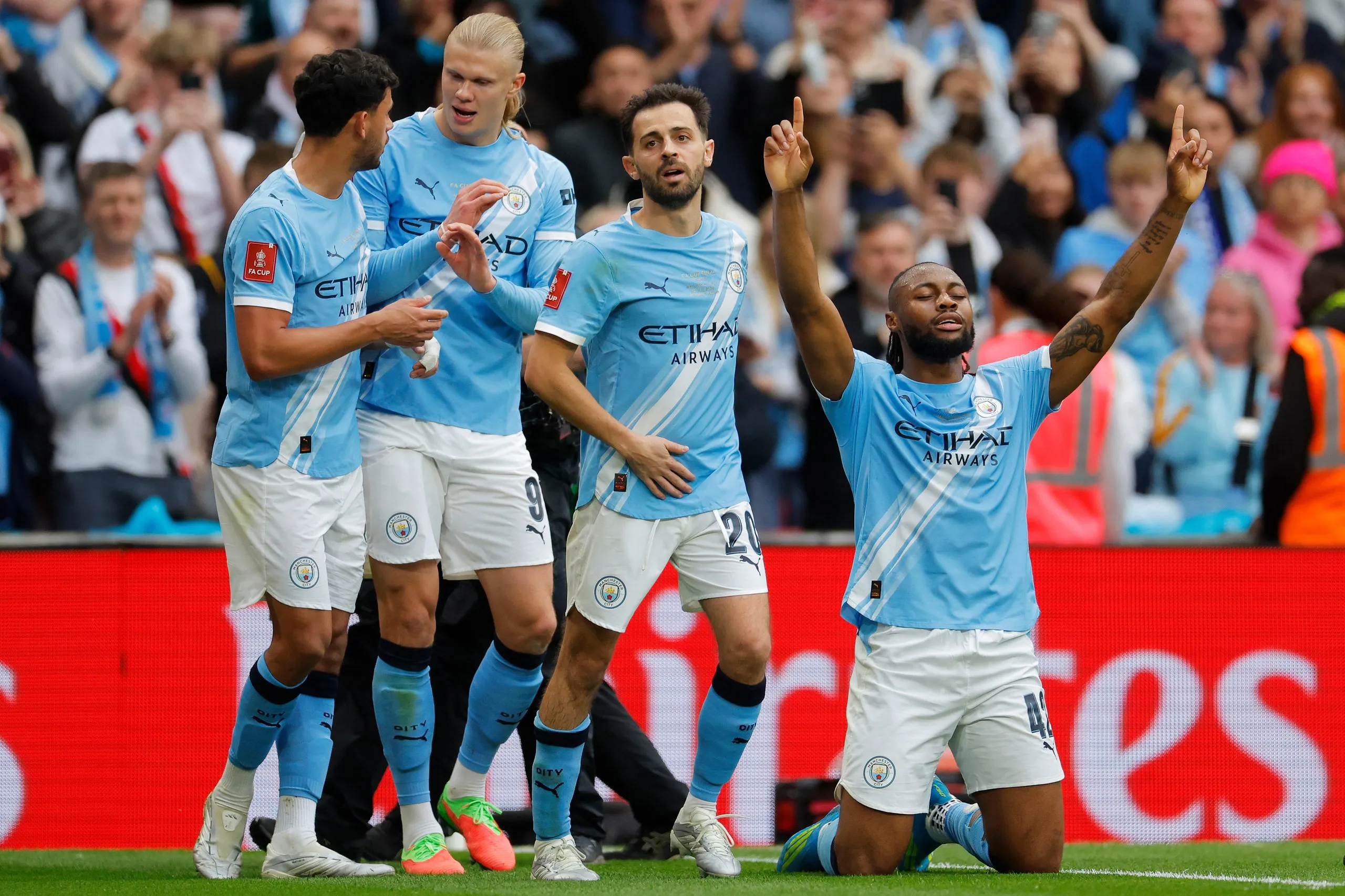 Antoine Semenyo celebrates scoring in the FA Cup final