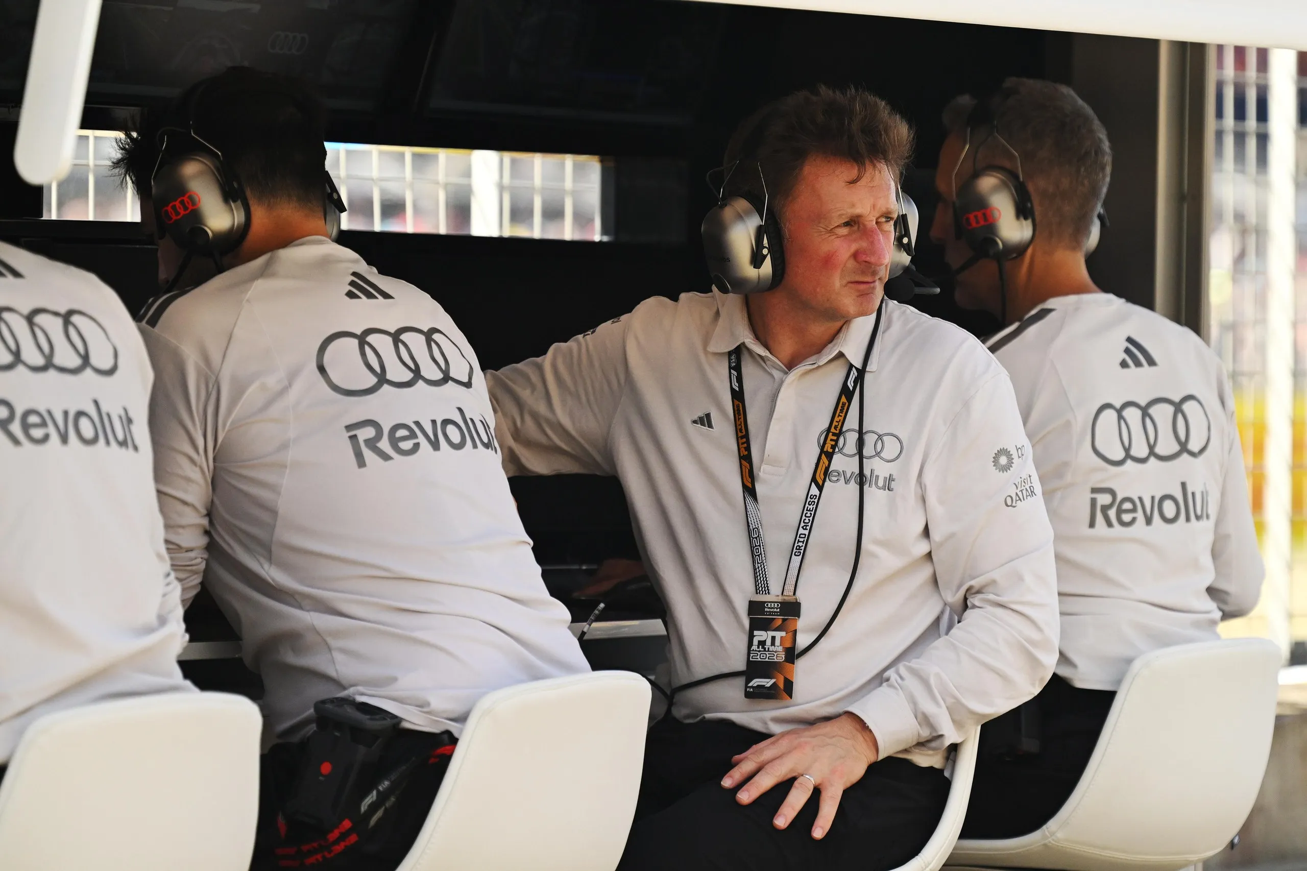 Allan McNish in the pit wall for Audi